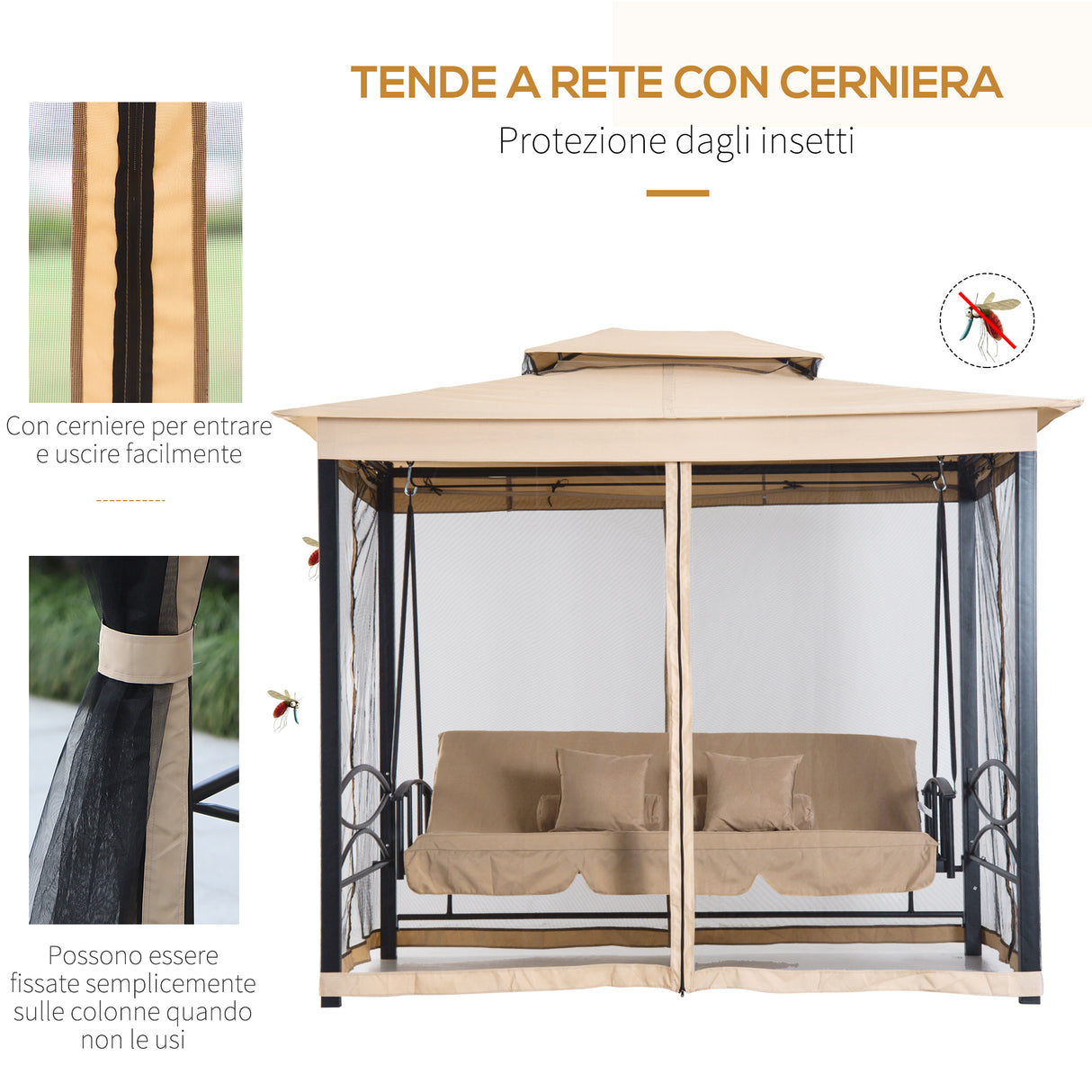 easycomfort dondolo 3 posti e lettino singolo copertura a gazebo con zanzariera e cuscini beige 256x172x248cm