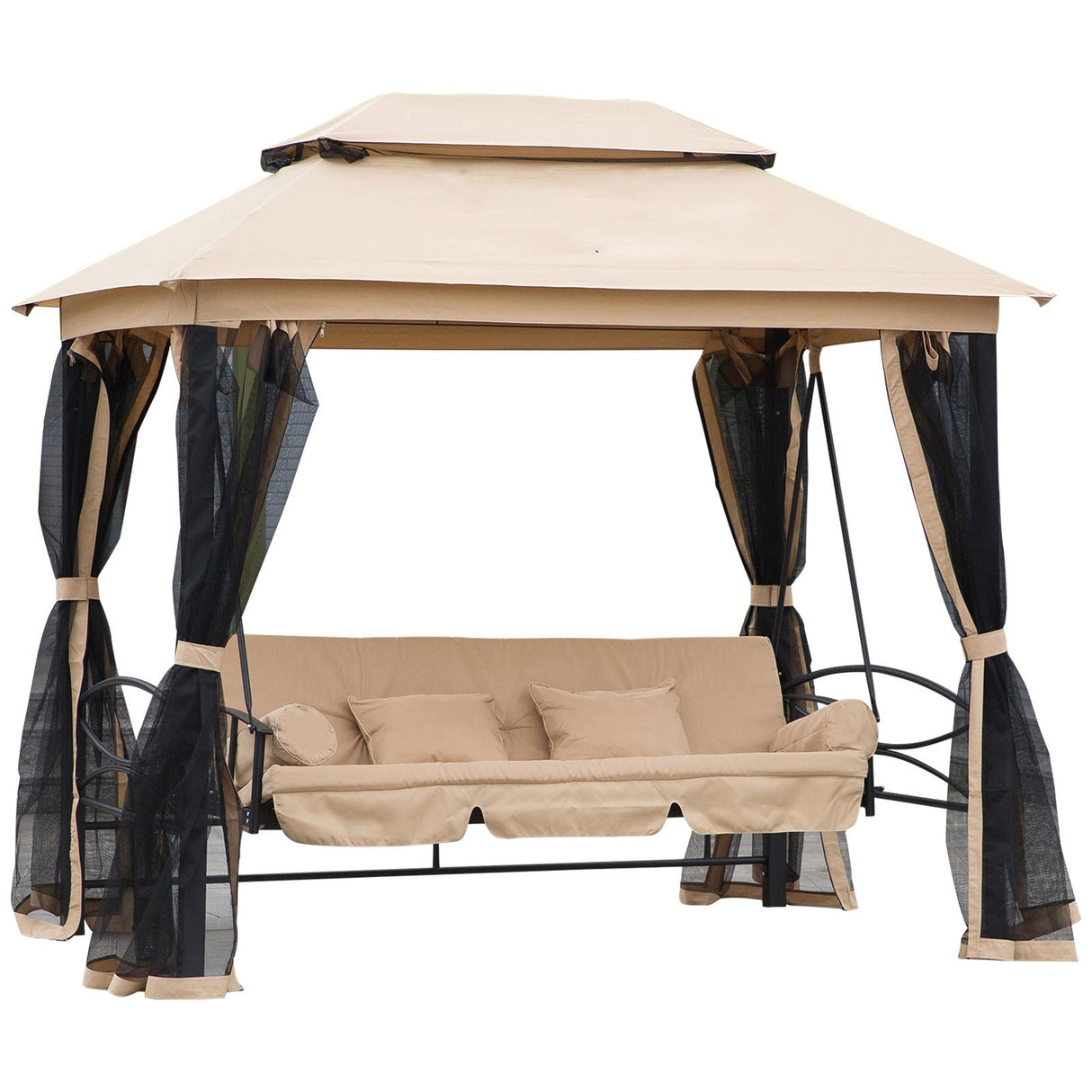 easycomfort dondolo 3 posti e lettino singolo copertura a gazebo con zanzariera e cuscini beige 256x172x248cm