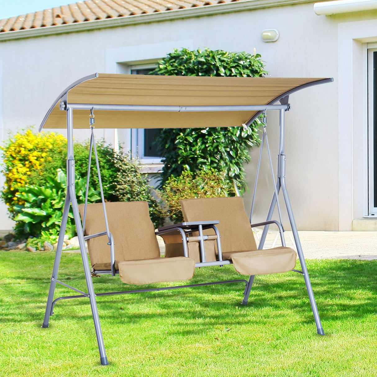 easycomfort dondolo da giardino 2 posti separati con tavolino e tetto regolabile in metallo 175x112x165cm beige