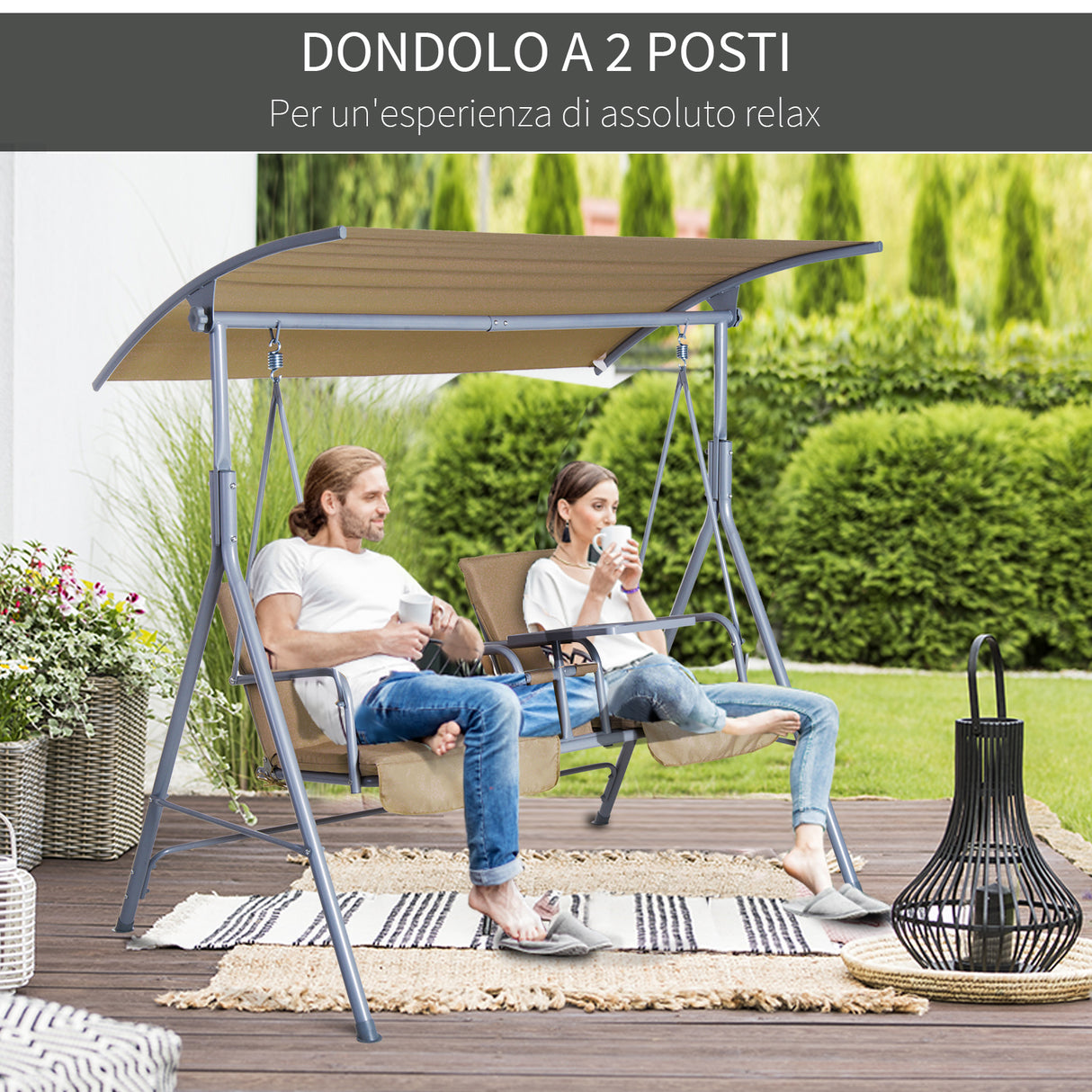 easycomfort dondolo da giardino 2 posti separati con tavolino e tetto regolabile in metallo 175x112x165cm beige