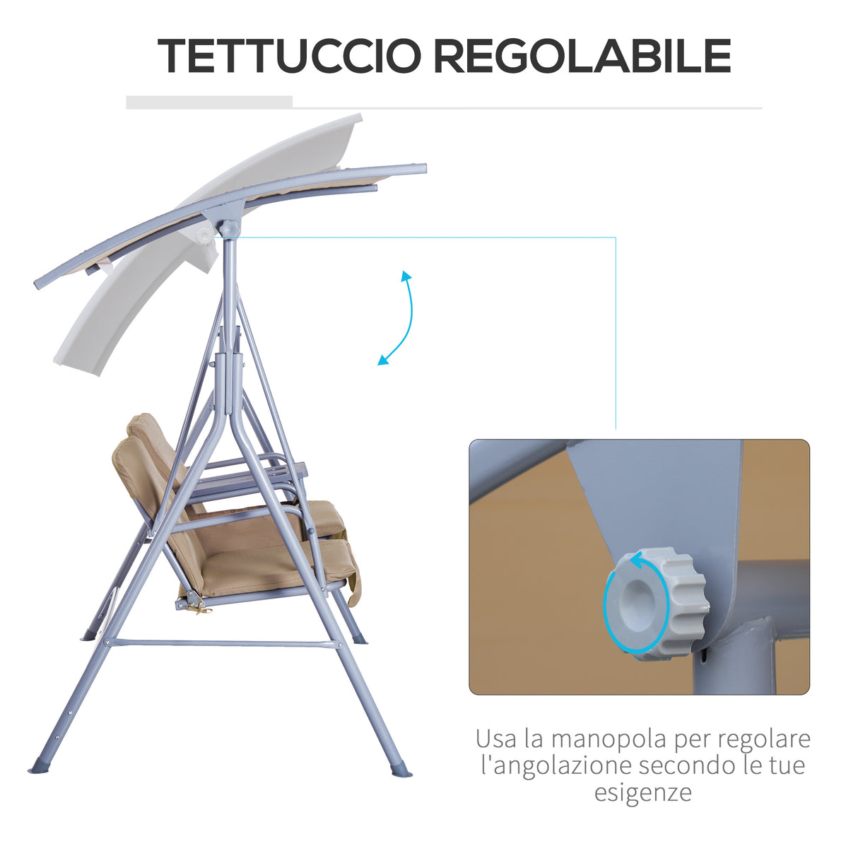 easycomfort dondolo da giardino 2 posti separati con tavolino e tetto regolabile in metallo 175x112x165cm beige