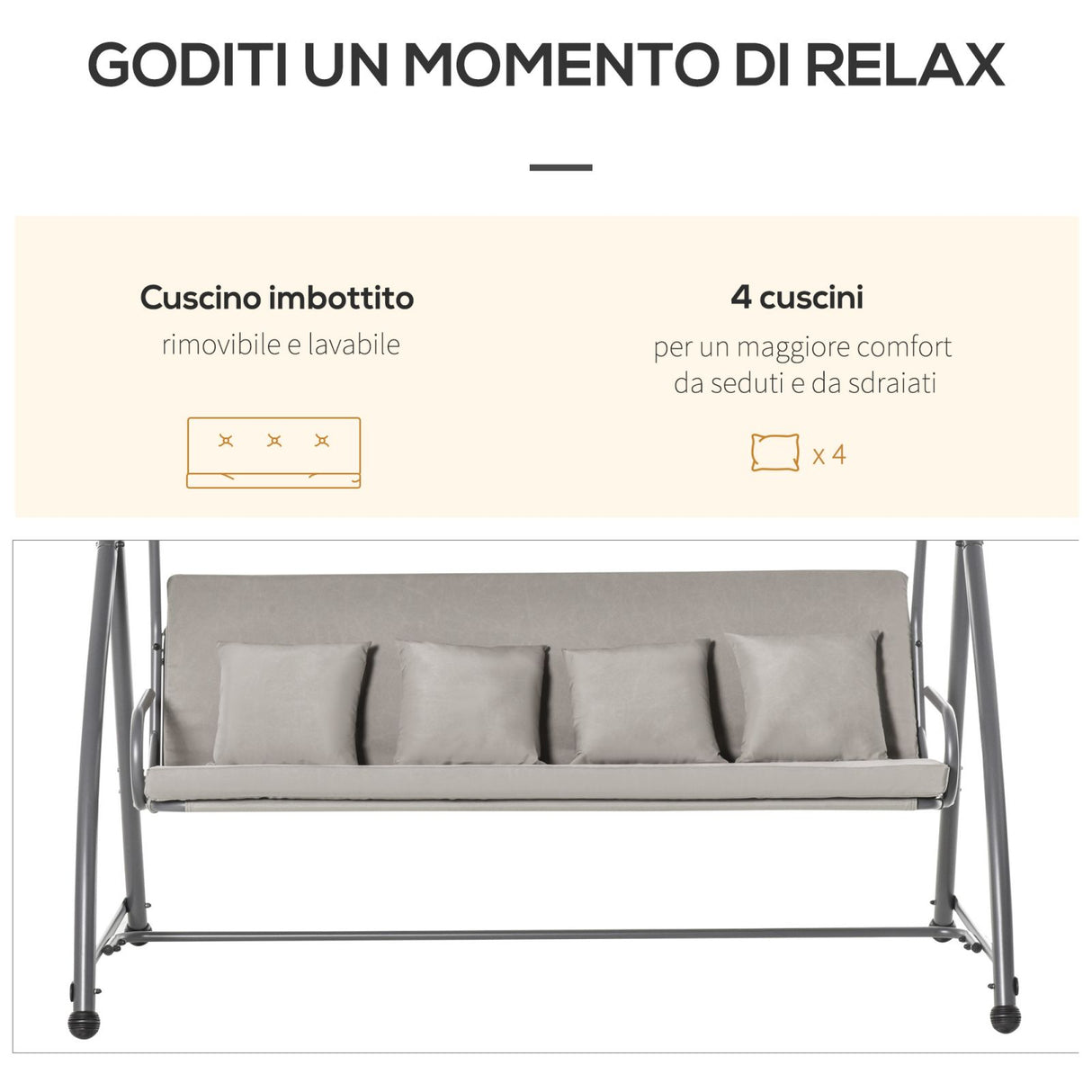 easycomfort dondolo da giardino 3 posti con tettuccio in acciaio e poliestere beige