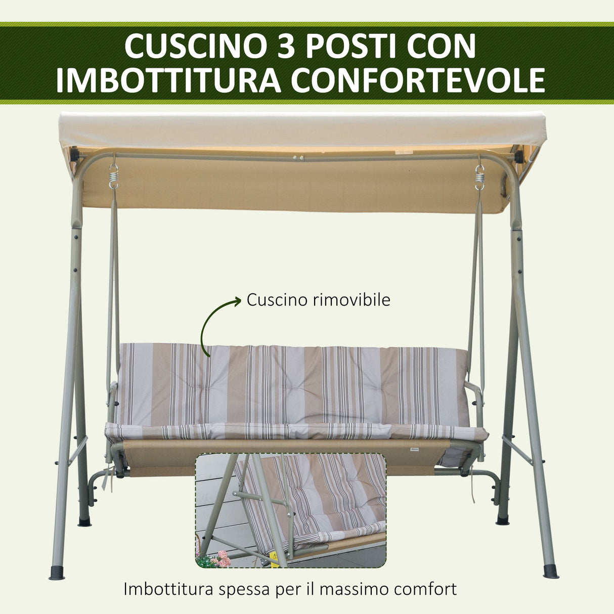 easycomfort easycomfort dondolo da giardino 3 posti in acciaio con tetto regolabile cuscini e braccioli 172x110x156cm