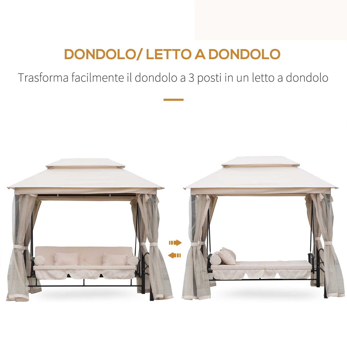 easycomfort easycomfort dondolo 3 posti e lettino singolo copertura a gazebo con zanzariera e cuscini 256x172x248cm crema