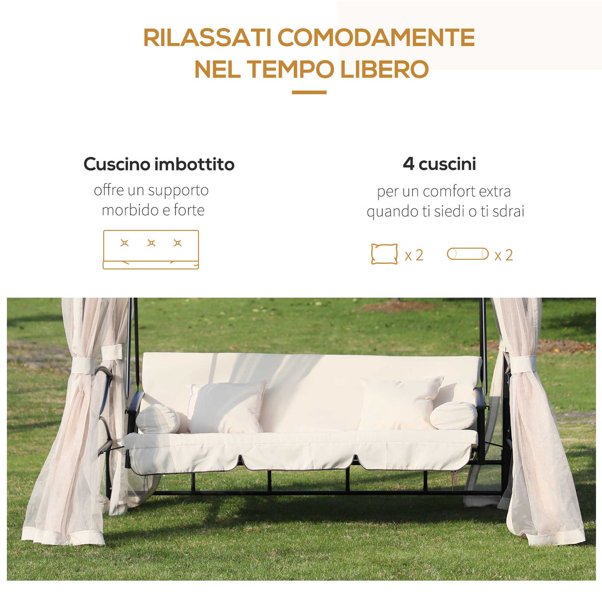 easycomfort easycomfort dondolo 3 posti e lettino singolo copertura a gazebo con zanzariera e cuscini 256x172x248cm crema