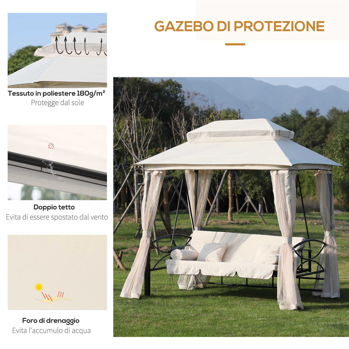 easycomfort easycomfort dondolo 3 posti e lettino singolo copertura a gazebo con zanzariera e cuscini 256x172x248cm crema