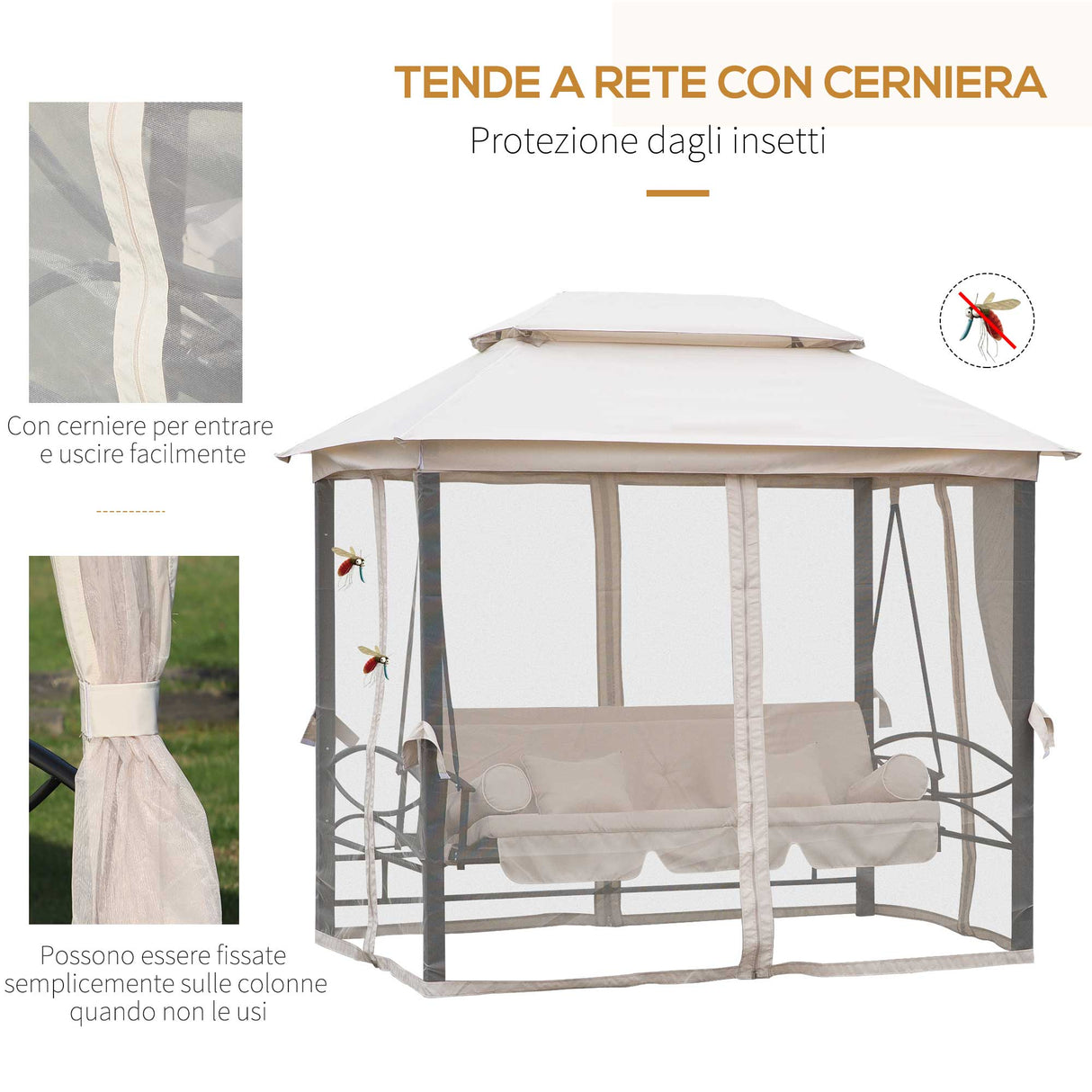easycomfort easycomfort dondolo 3 posti e lettino singolo copertura a gazebo con zanzariera e cuscini 256x172x248cm crema