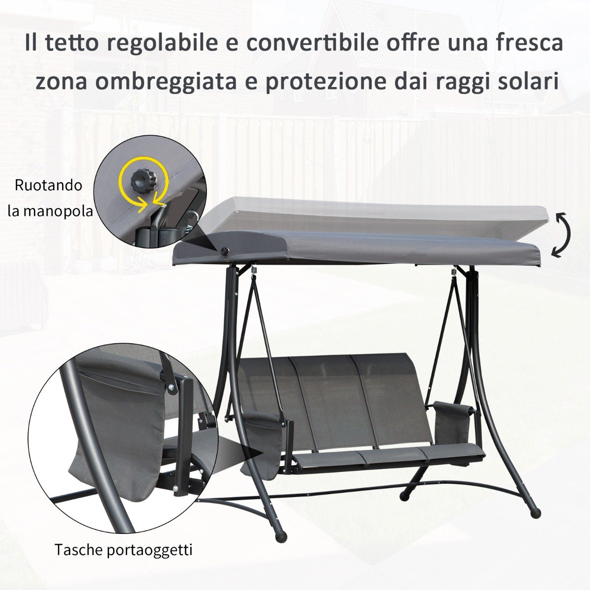 easycomfort easycomfort dondolo 3 posti da giardino o terrazzo con tettuccio regolabile e tasche portaoggetti grigio scuro 196x128x172cm