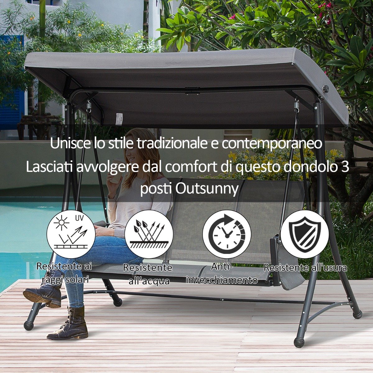 easycomfort easycomfort dondolo 3 posti da giardino o terrazzo con tettuccio regolabile e tasche portaoggetti grigio scuro 196x128x172cm