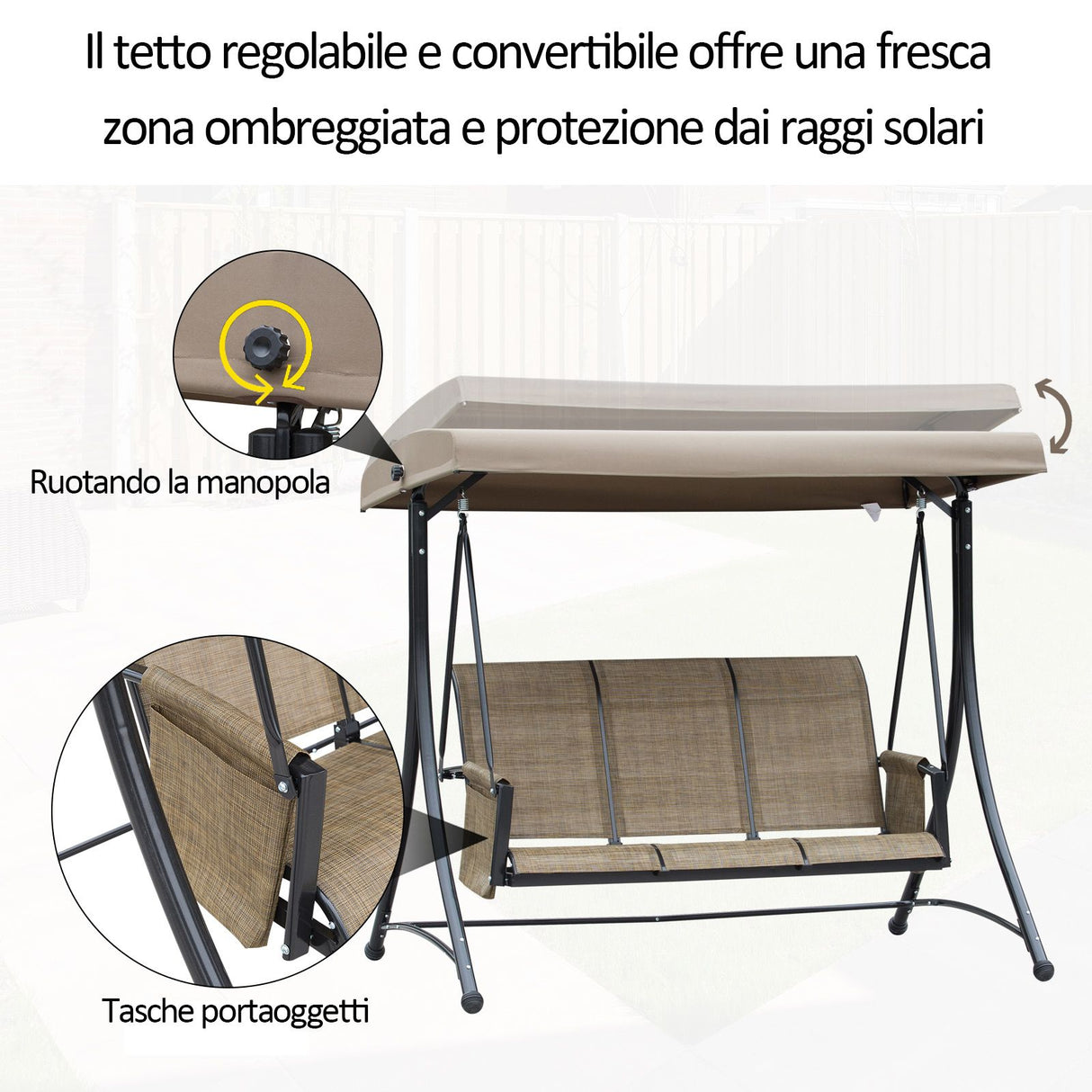 easycomfort easycomfort dondolo da giardino 3 posti tettuccio e tasche portaoggetti marrone