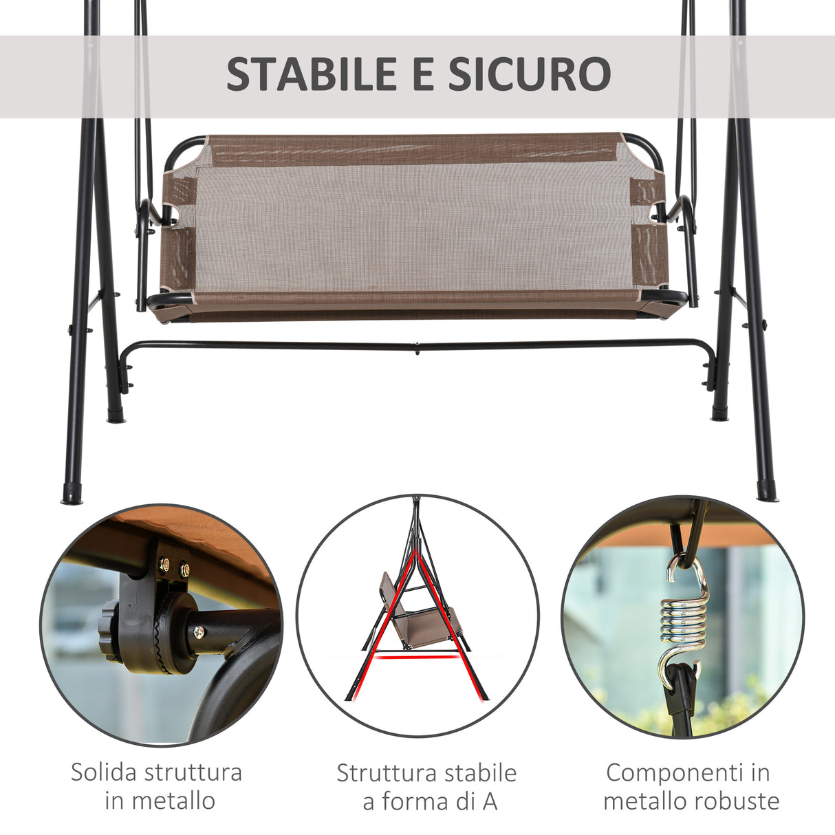easycomfort easycomfort dondolo da giardino terrazza 3 posti con tettuccio regolabile in metallo e texteline 172x110x155cm marrone