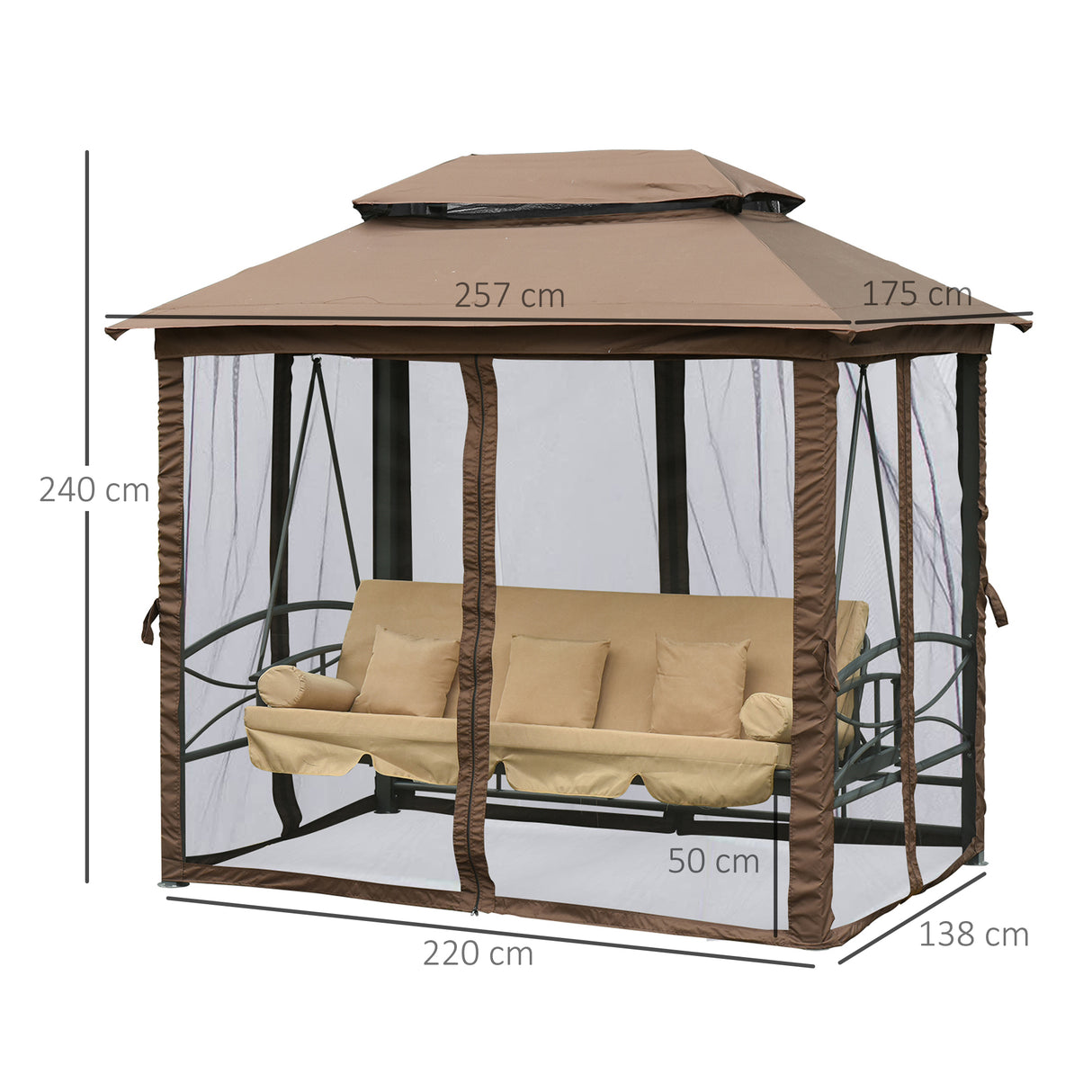 easycomfort easycomfort dondolo 3 posti da giardino convertibile in lettino con gazebo con zanzariera e cuscini 257x175x240cm cachi