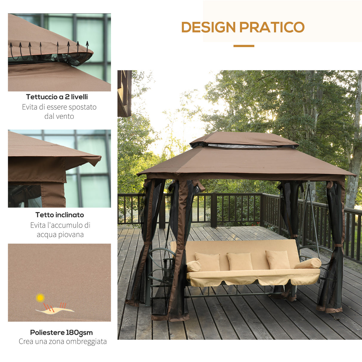 easycomfort easycomfort dondolo 3 posti da giardino convertibile in lettino con gazebo con zanzariera e cuscini 257x175x240cm cachi