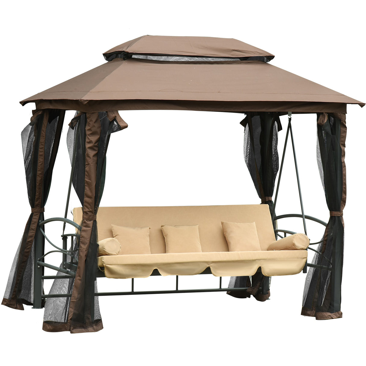 easycomfort easycomfort dondolo 3 posti da giardino convertibile in lettino con gazebo con zanzariera e cuscini 257x175x240cm cachi