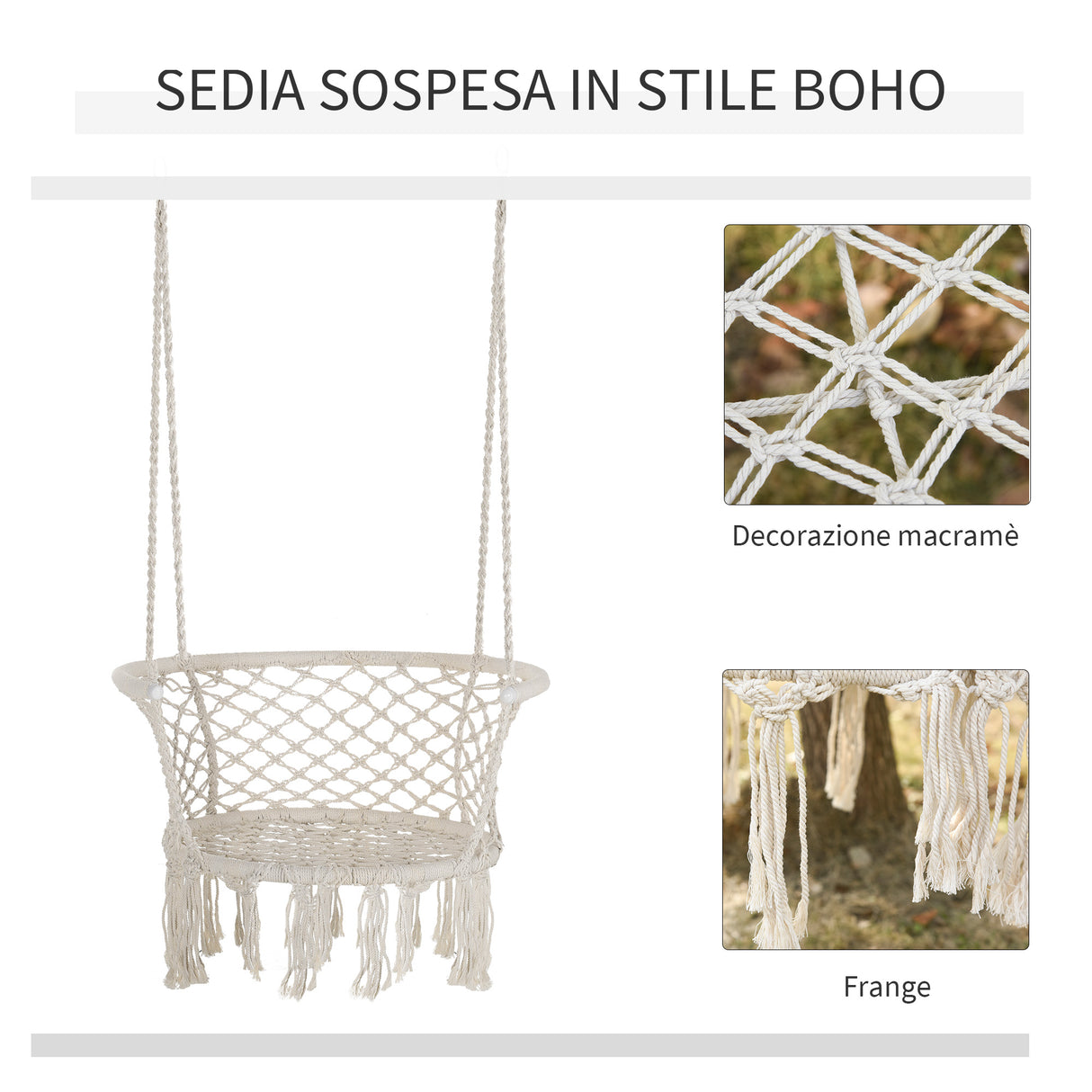 easycomfort sedia sospesa in poliestere e macrame per interni ed esterni crema