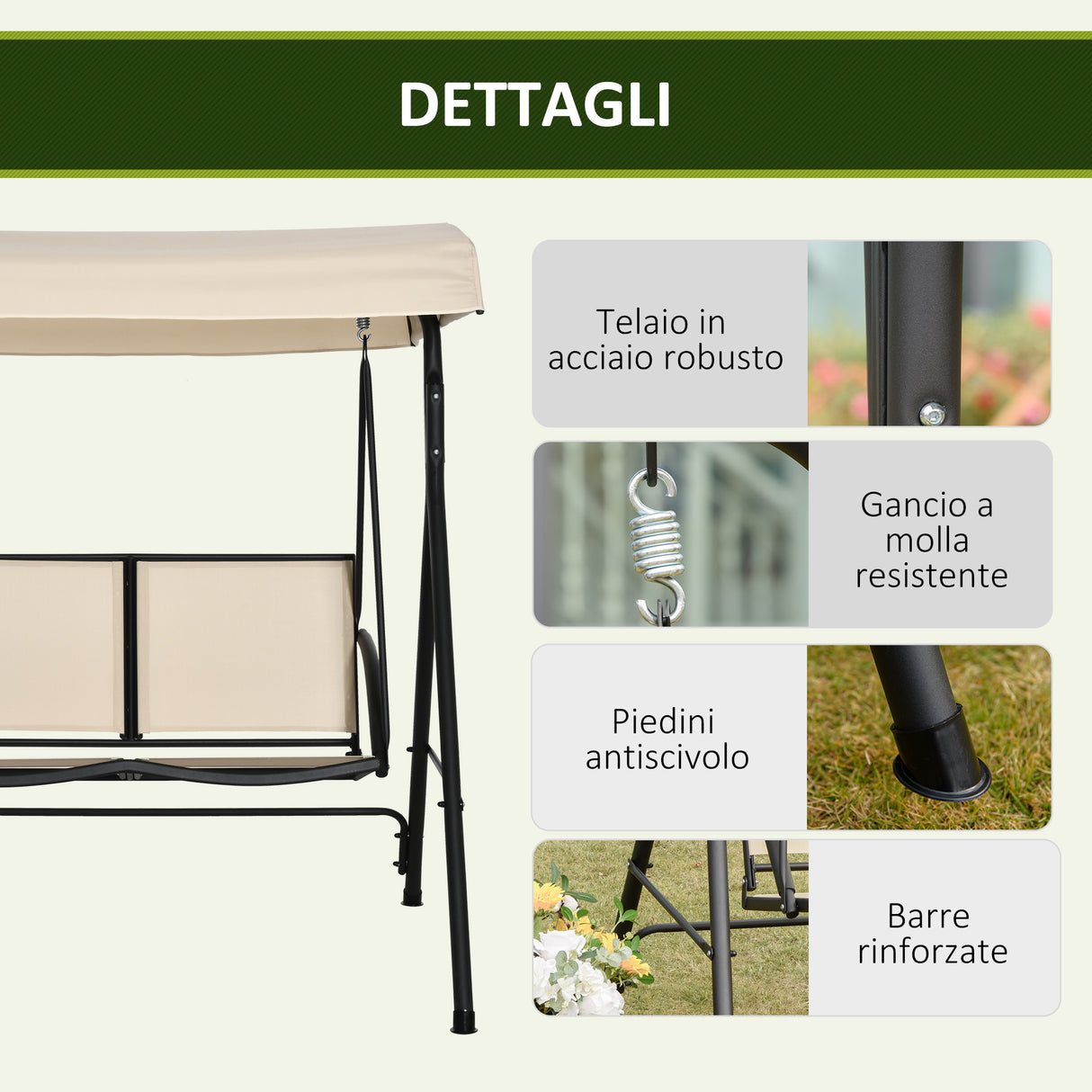 easycomfort dondolo a 2 posti da giardino con tettuccio regolabile 140x118x162cm beige