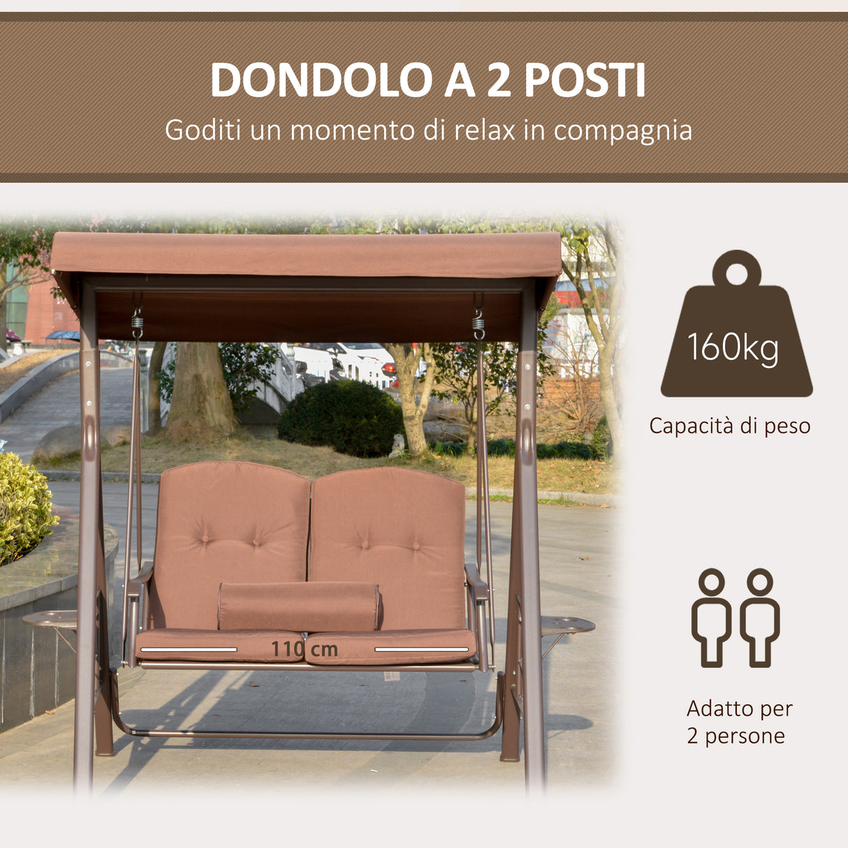 easycomfort dondolo da giardino 2 posti con tettuccio regolabile e porta bicchieri 157x118x180 cm marrone