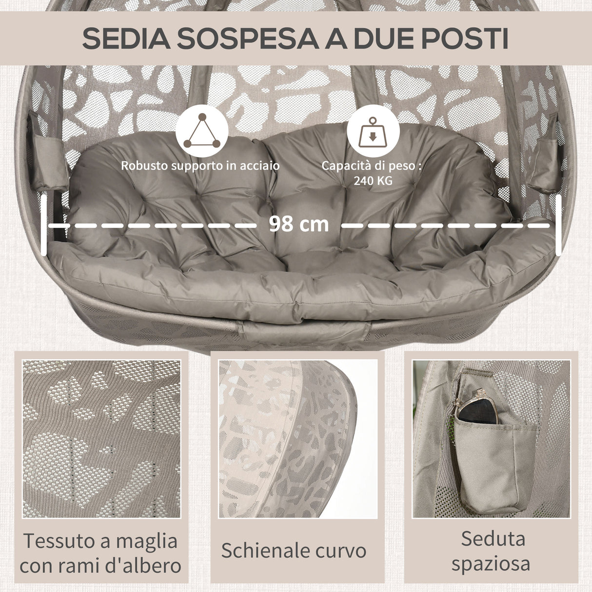 easycomfort easycomfort poltrona sospesa 2 posti con 2 tasche 2 cuscini e cesto pieghevole 130x103x172 cm