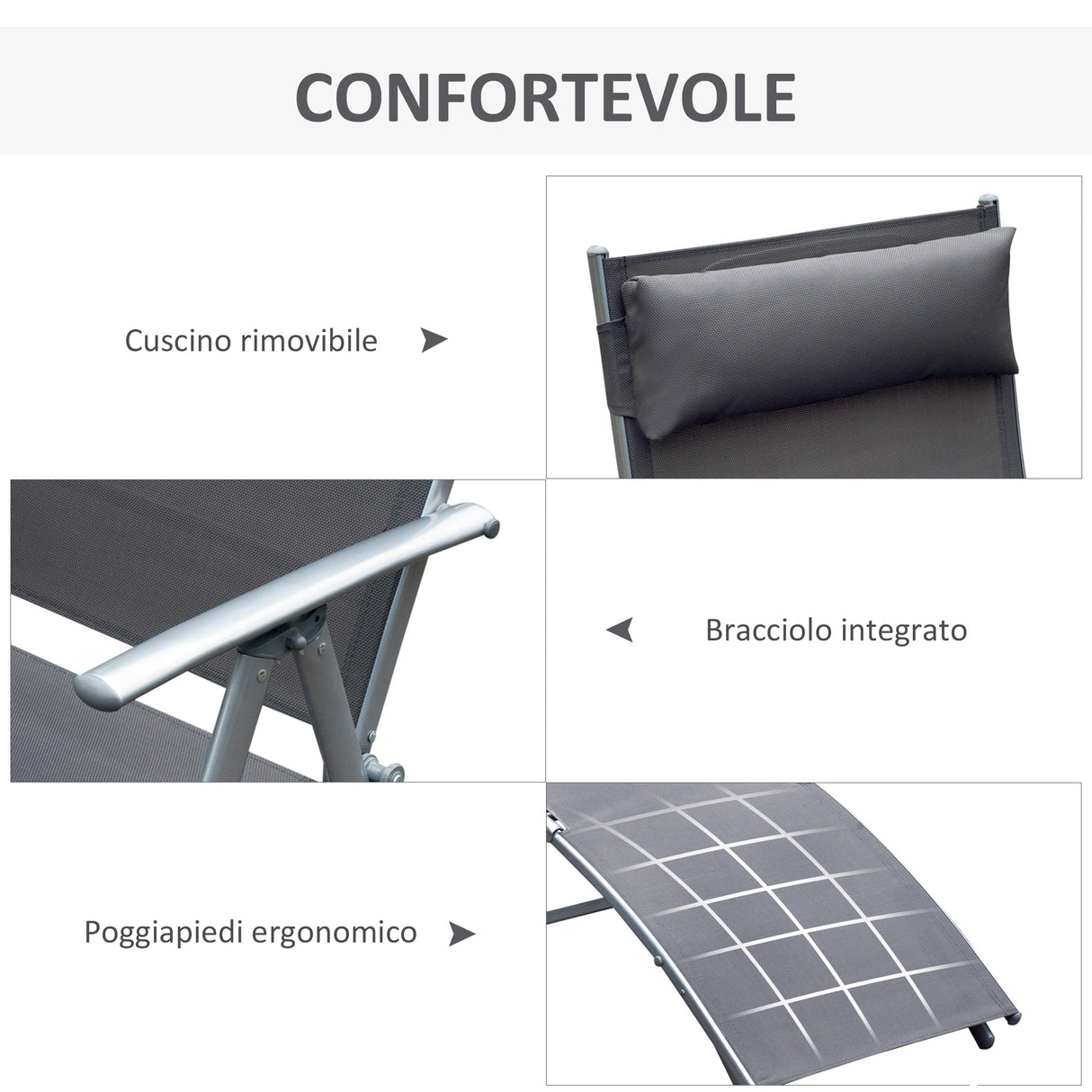 easycomfort easycomfort sdraio prendisole relax reclinabile pieghevole con cuscino giardino grigio