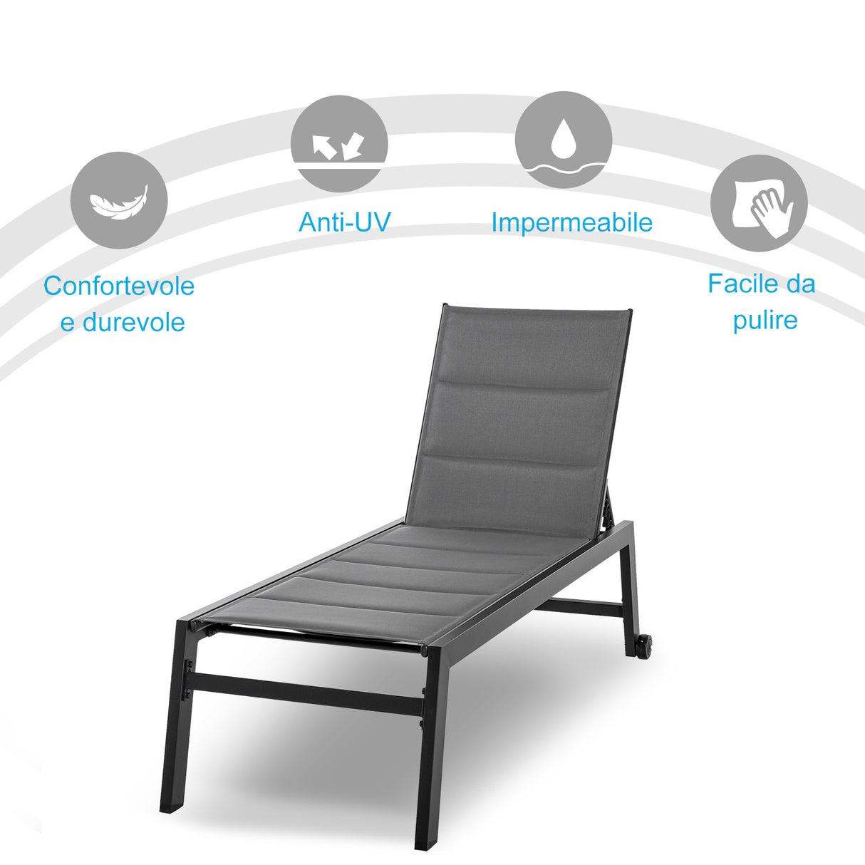 easycomfort easycomfort sdraio da giardino reclinabile su 5 livelli rivestimento imbottito alluminio e textilene grigio