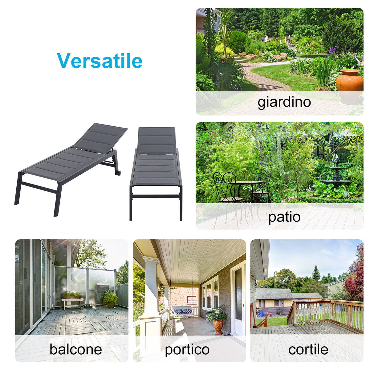 easycomfort easycomfort sdraio da giardino reclinabile su 5 livelli rivestimento imbottito alluminio e textilene grigio