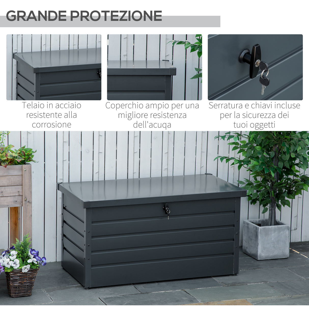easycomfort easycomfort panca baule contenitore da giardino con chiave cassapanca moderna in acciaio grigio 120x62x62cm