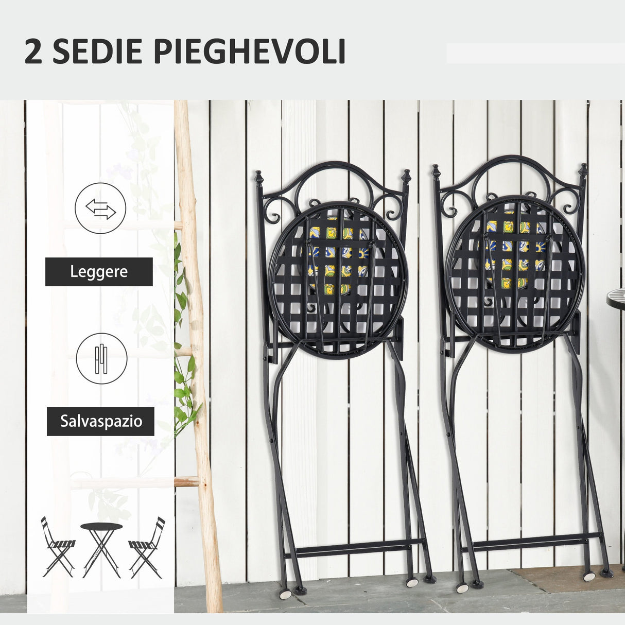 easycomfort easycomfort set tavolo e sedie da balcone 3 pezzi set da giardino pieghevoli in metallo con maioliche colorate multicolore