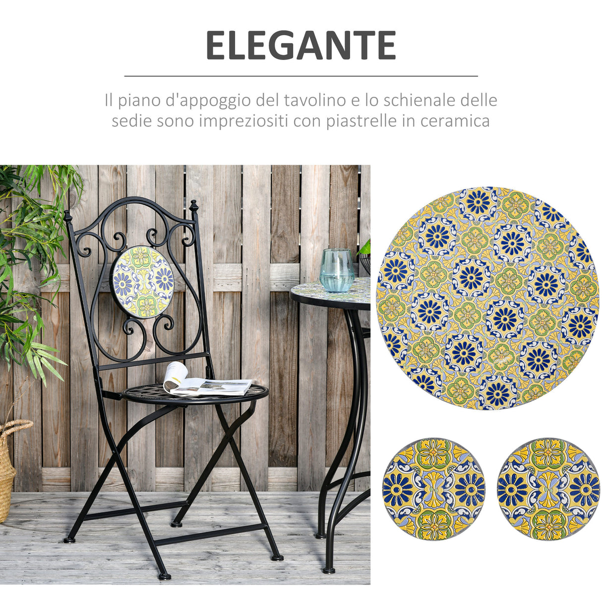 easycomfort easycomfort set tavolo e sedie da balcone 3 pezzi set da giardino pieghevoli in metallo con maioliche colorate multicolore