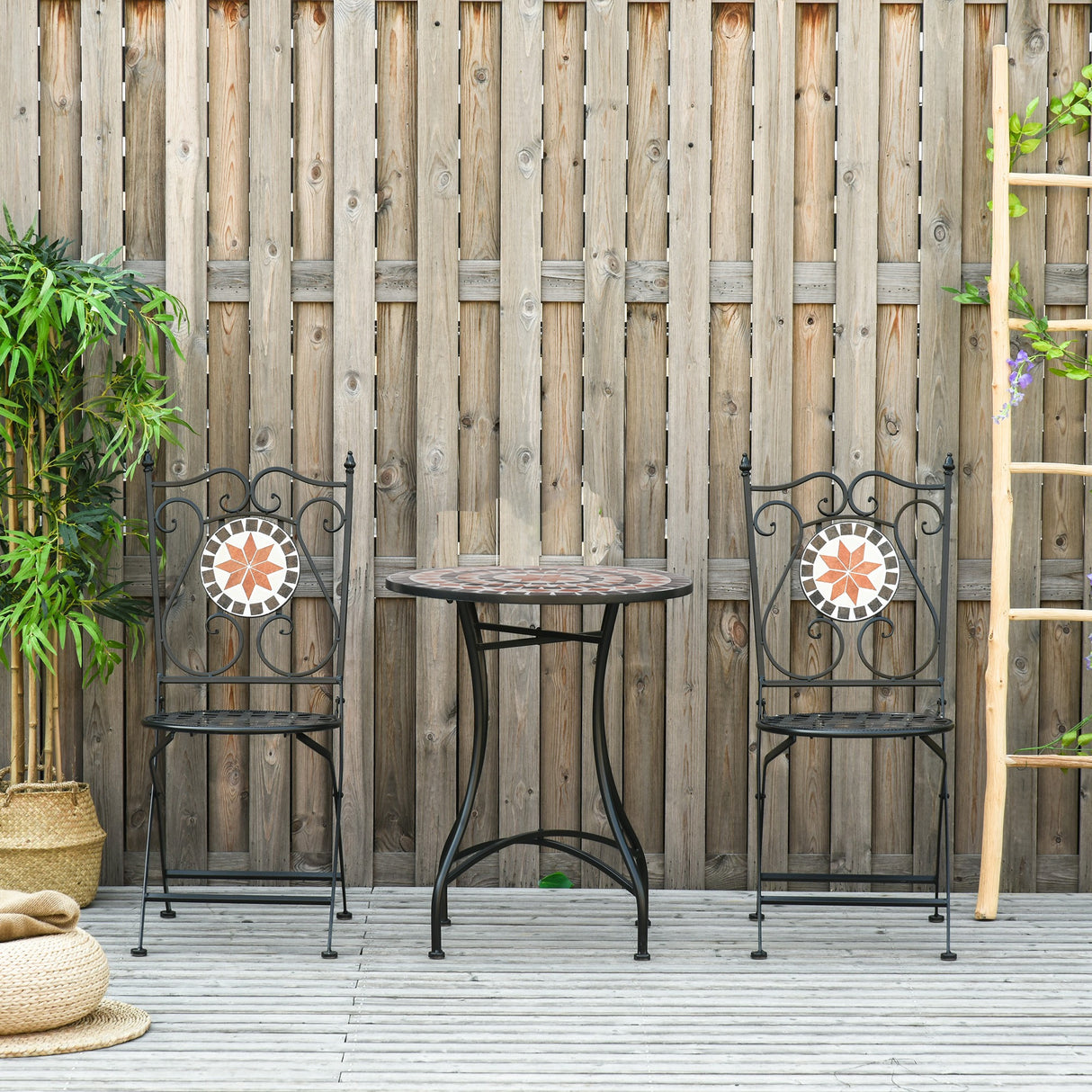 easycomfort mobili da giardino set da 3 pezzi con 2 sedie pieghevoli e 1 tavolino in metallo e ceramica