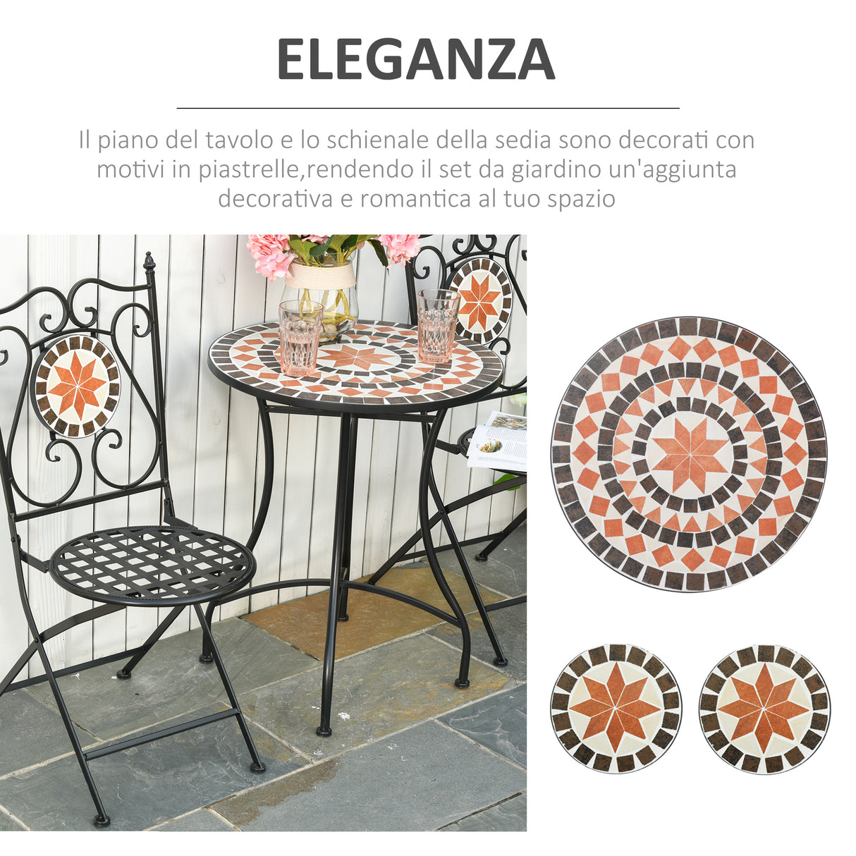 easycomfort mobili da giardino set da 3 pezzi con 2 sedie pieghevoli e 1 tavolino in metallo e ceramica