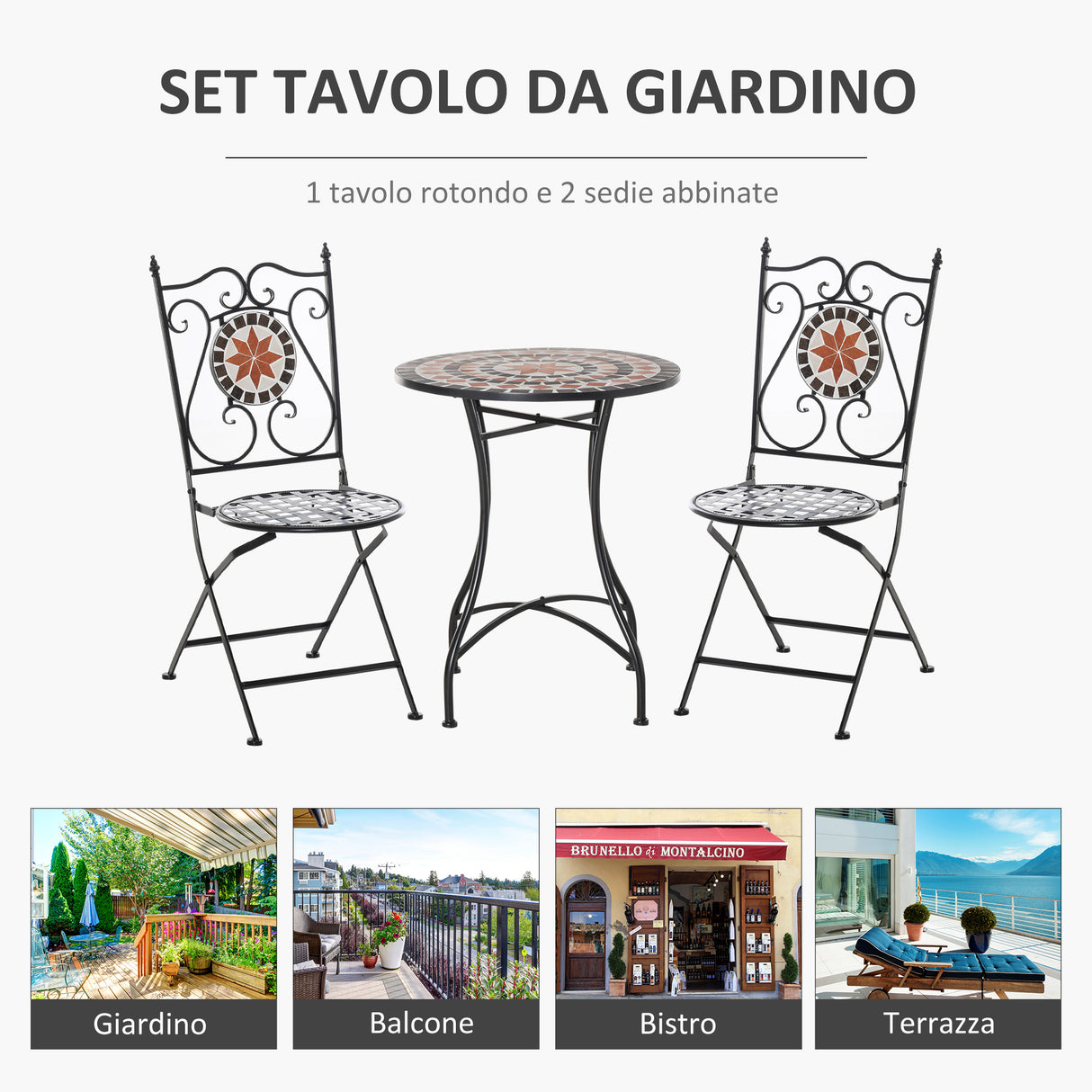 easycomfort mobili da giardino set da 3 pezzi con 2 sedie pieghevoli e 1 tavolino in metallo e ceramica