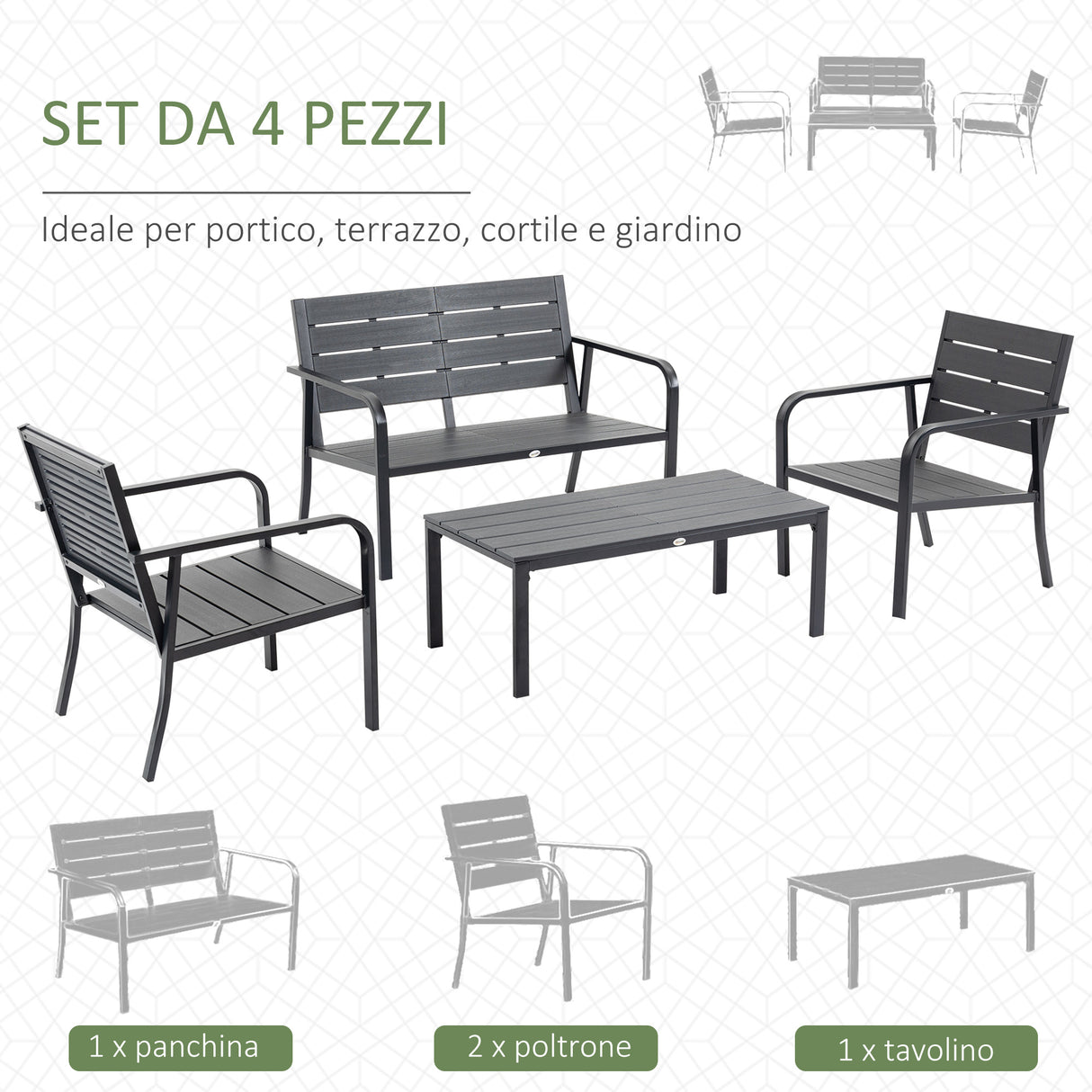 easycomfort set salotto da giardino da 4 pezzi con panchina a 2 posti 2 poltrone e tavolino caffe