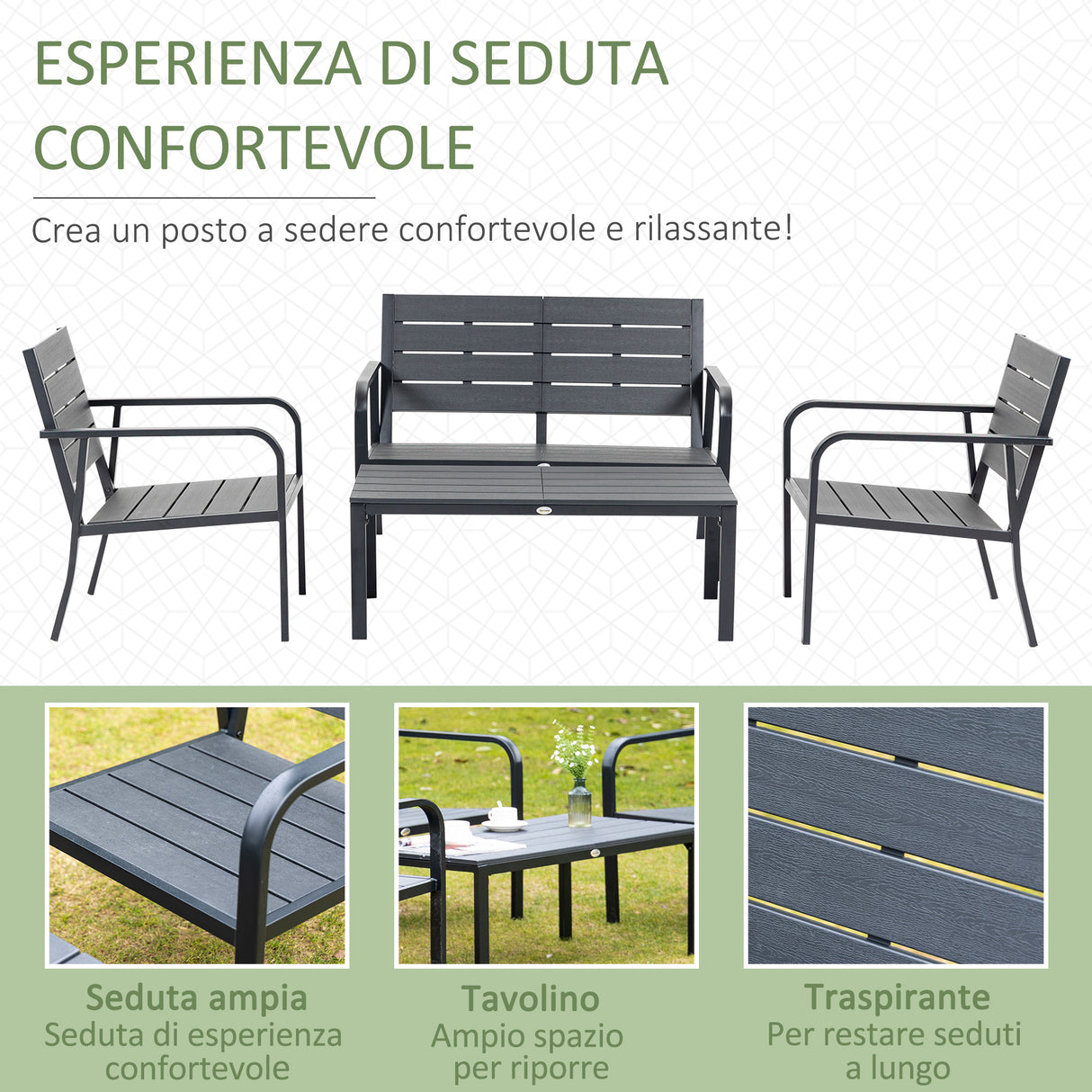 easycomfort set salotto da giardino da 4 pezzi con panchina a 2 posti 2 poltrone e tavolino caffe