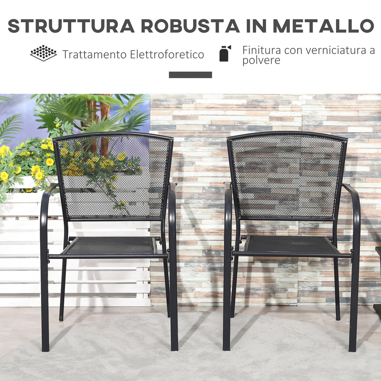 easycomfort set 2 sedie da giardino in metallo per cortile patio e terrazza nero