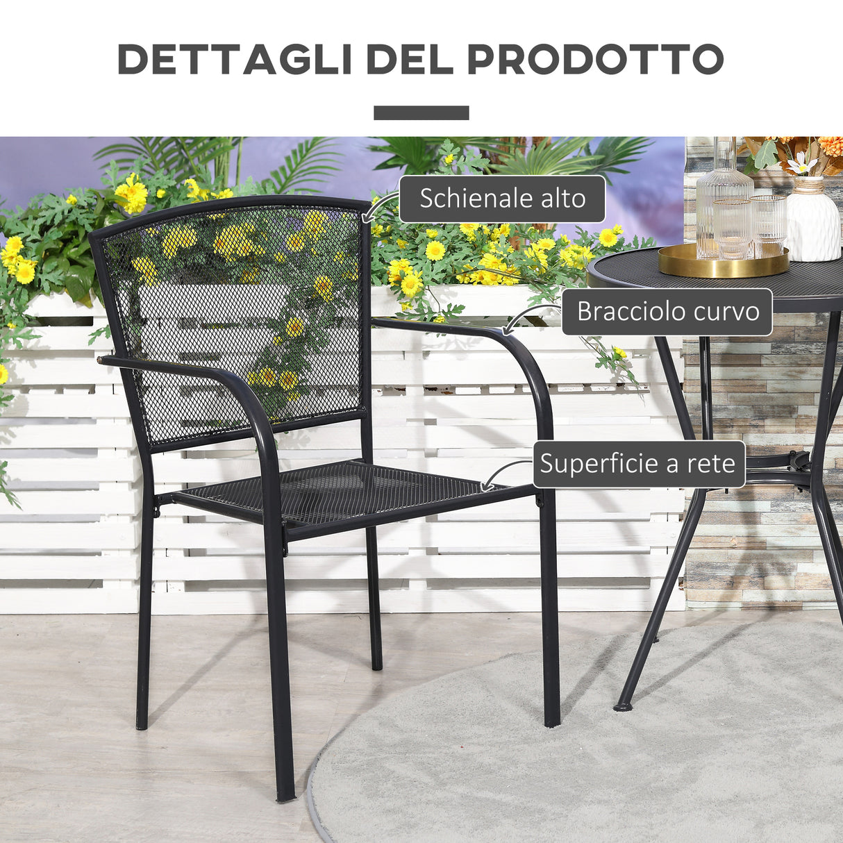 easycomfort set 2 sedie da giardino in metallo per cortile patio e terrazza nero