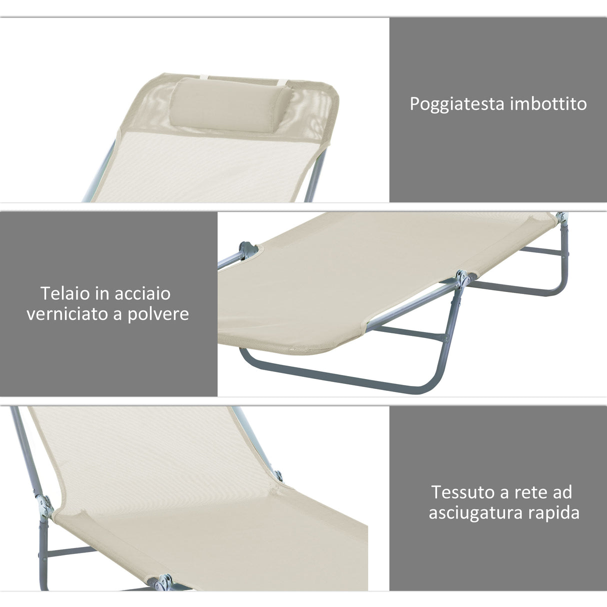 easycomfort set 2 lettini prendisole pieghevoli con schienale reclinabile a 4 livelli metallo e tessuto a rete beige
