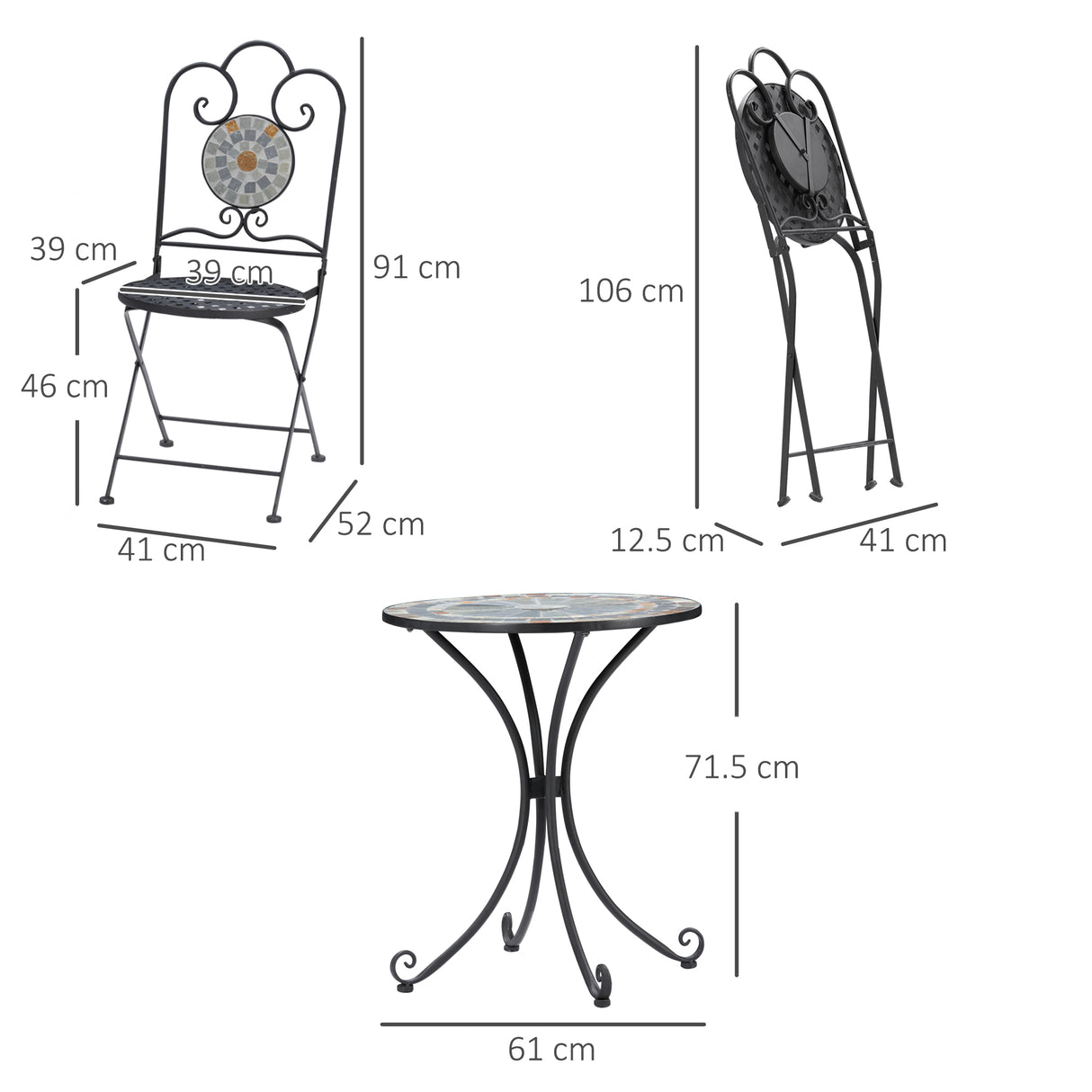 easycomfort set da giardino 3 pezzi 2 sedie pieghevoli e 1 tavolo design a mosaico grigio