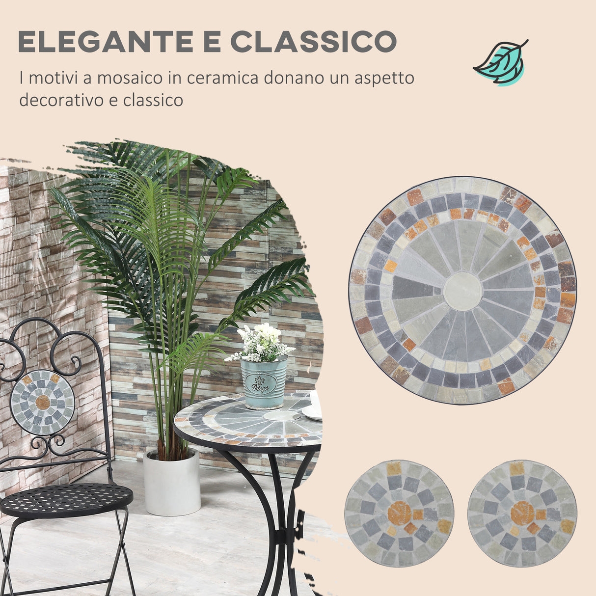 easycomfort set da giardino 3 pezzi 2 sedie pieghevoli e 1 tavolo design a mosaico grigio