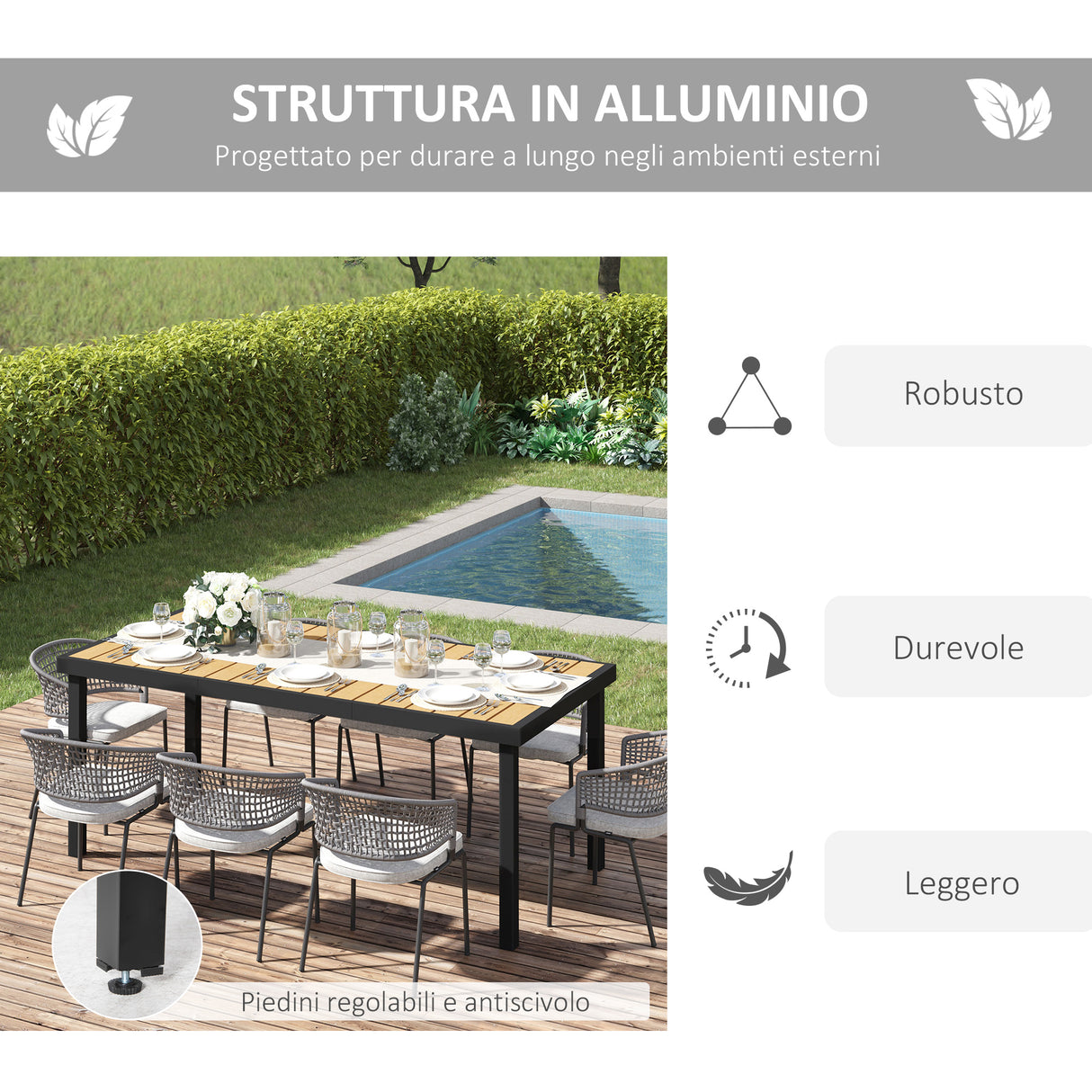 easycomfort easycomfort tavolo da giardino per 8 persone in alluminio tavolo da esterno in plastica per terrazzo e balcone nero e color legno