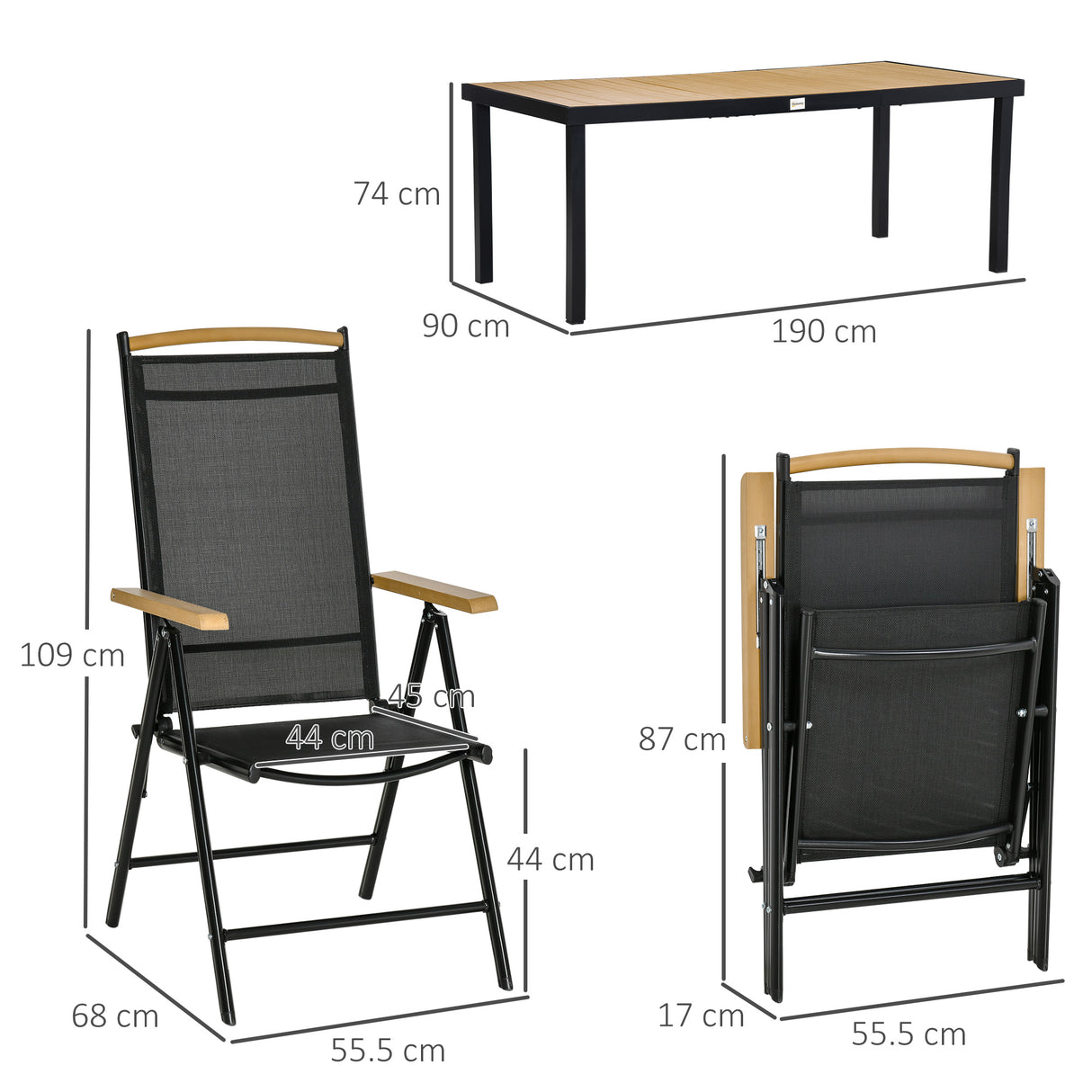 easycomfort easycomfort set 7pz tavolo con sedie da giardino pieghevoli e regolabili in texteline nero