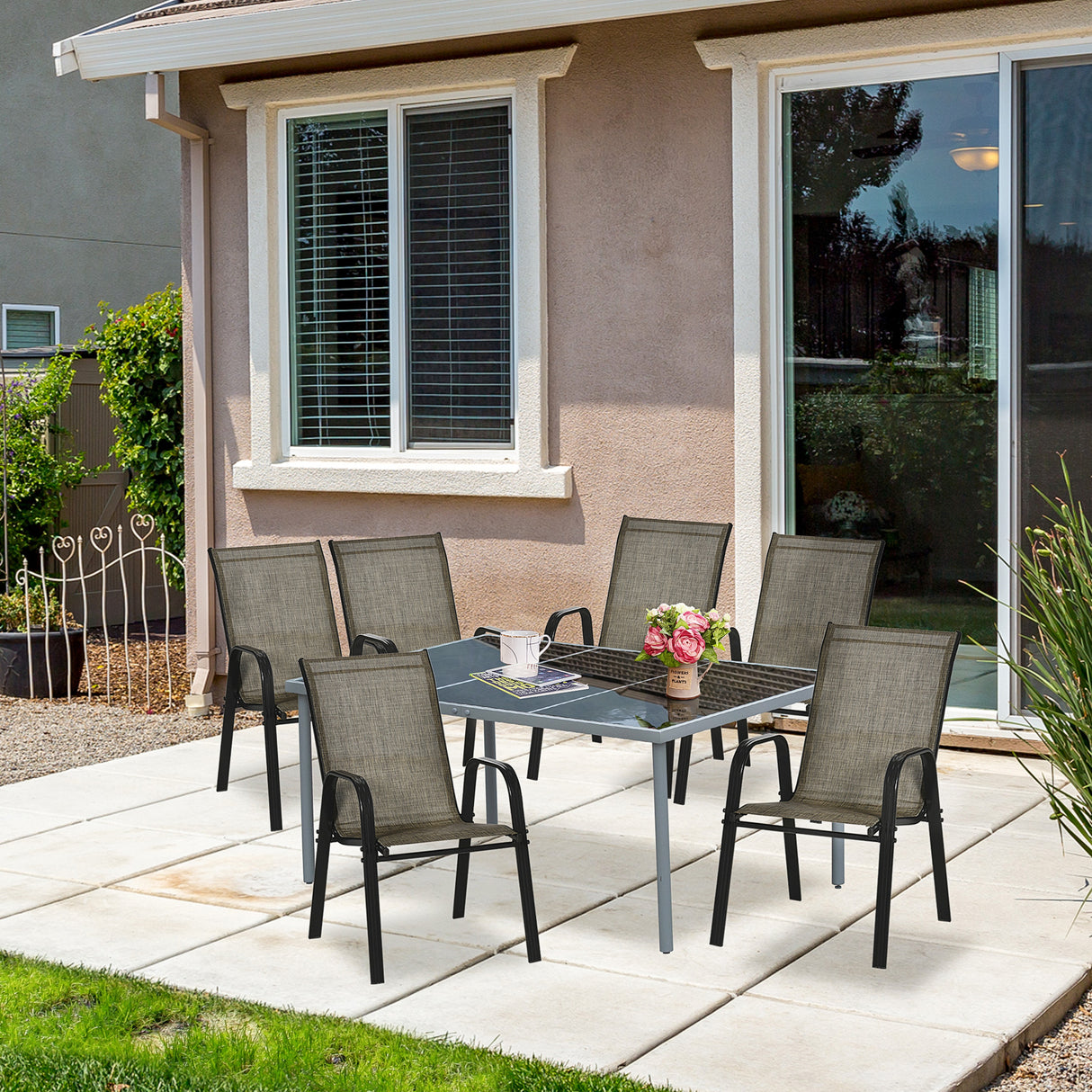 easycomfort easycomfort set 6 pezzi sedie da giardino con braccioli sedie da esterno impilabili in metallo e tessuto traspirante marrone