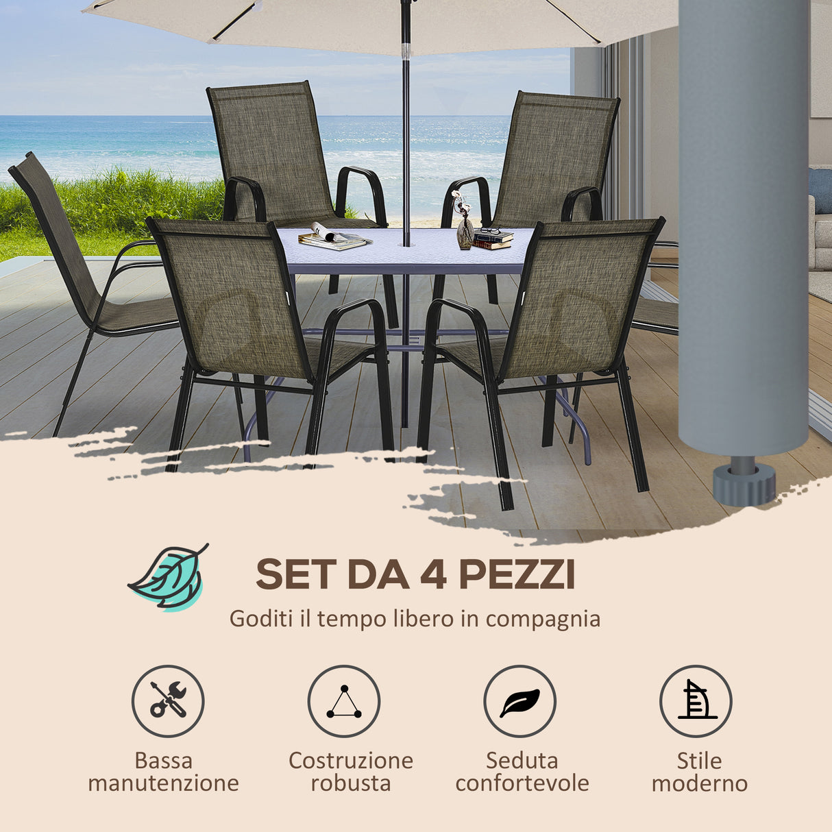 easycomfort easycomfort set 6 pezzi sedie da giardino con braccioli sedie da esterno impilabili in metallo e tessuto traspirante marrone