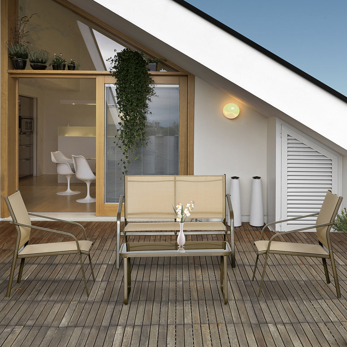 easycomfort set mobili da giardino 4 pezzi salotto da esterno con 2 sedie 1 divanetto e 1 tavolino da caffe in metallo e texteline kaki