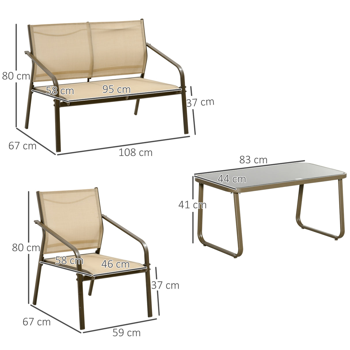 easycomfort set mobili da giardino 4 pezzi salotto da esterno con 2 sedie 1 divanetto e 1 tavolino da caffe in metallo e texteline kaki
