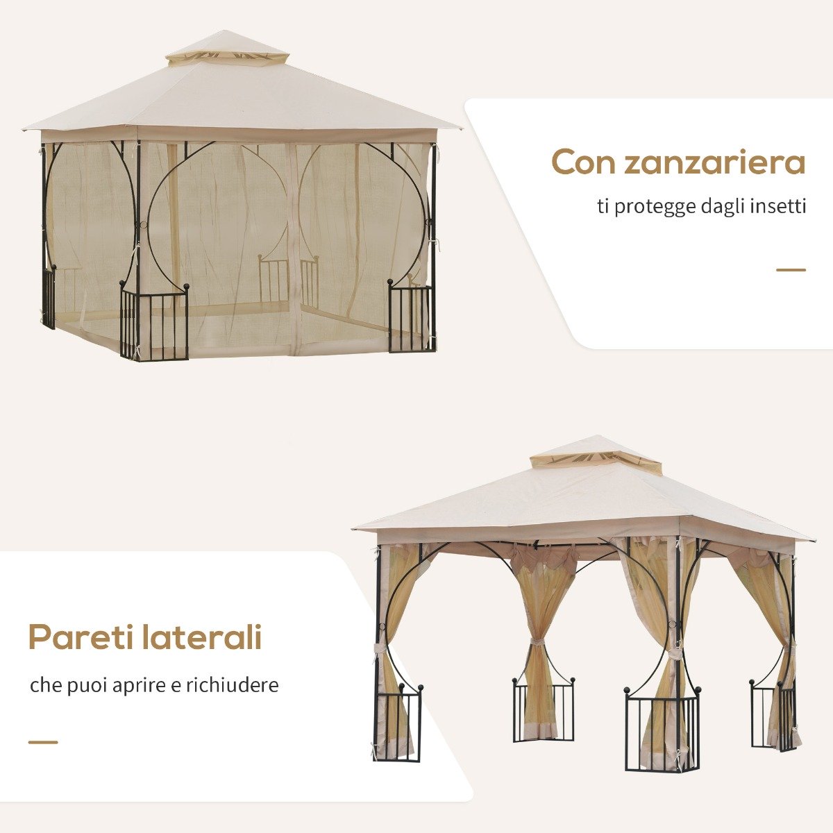 easycomfort easycomfort gazebo da giardino 3x3m in metallo con doppio tettuccio e pareti in poliestere beige