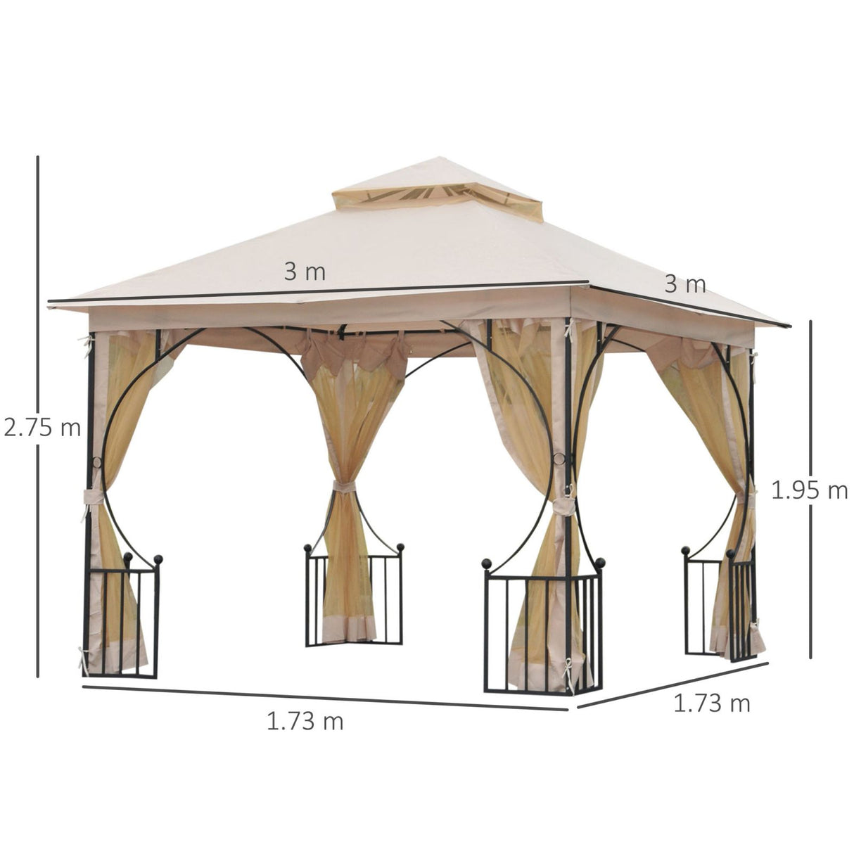 easycomfort easycomfort gazebo da giardino 3x3m in metallo con doppio tettuccio e pareti in poliestere beige