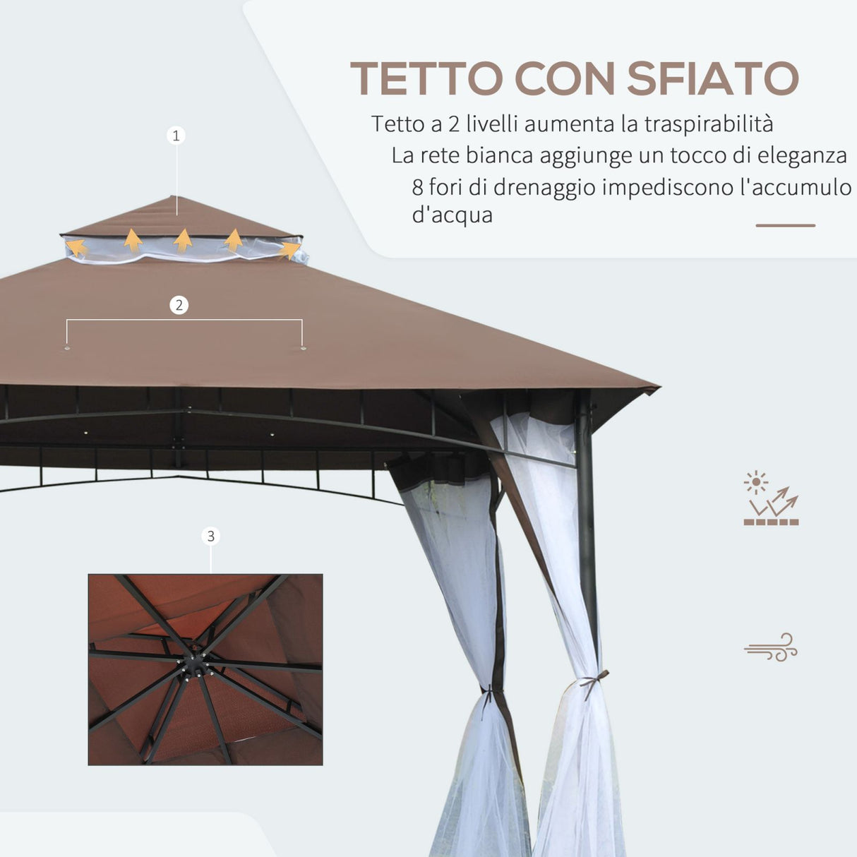 easycomfort easycomfort gazebo da giardino 3x3m con zanzariera tetto a 2 livelli in poliestere struttura in metallo marrone