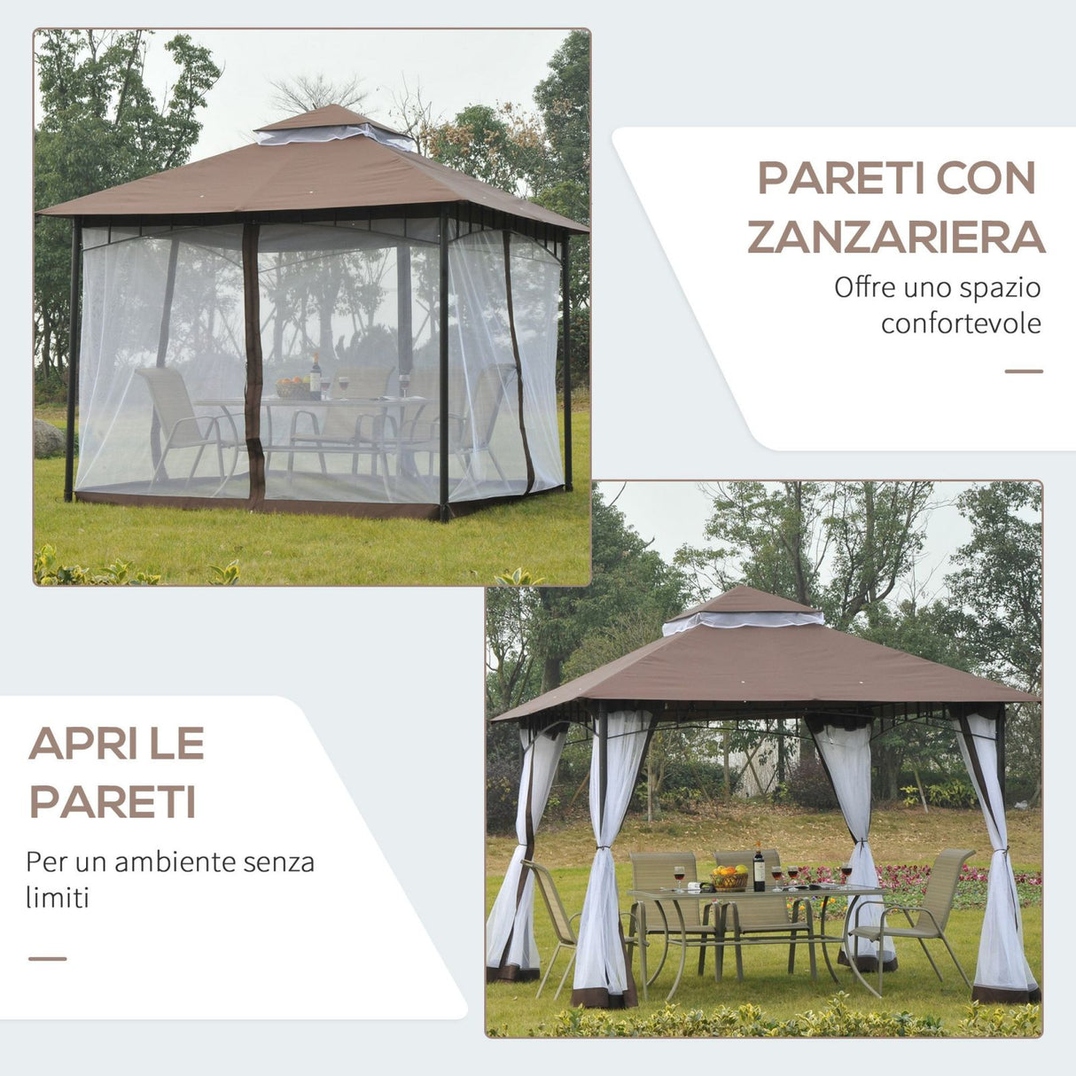 easycomfort easycomfort gazebo da giardino 3x3m con zanzariera tetto a 2 livelli in poliestere struttura in metallo marrone