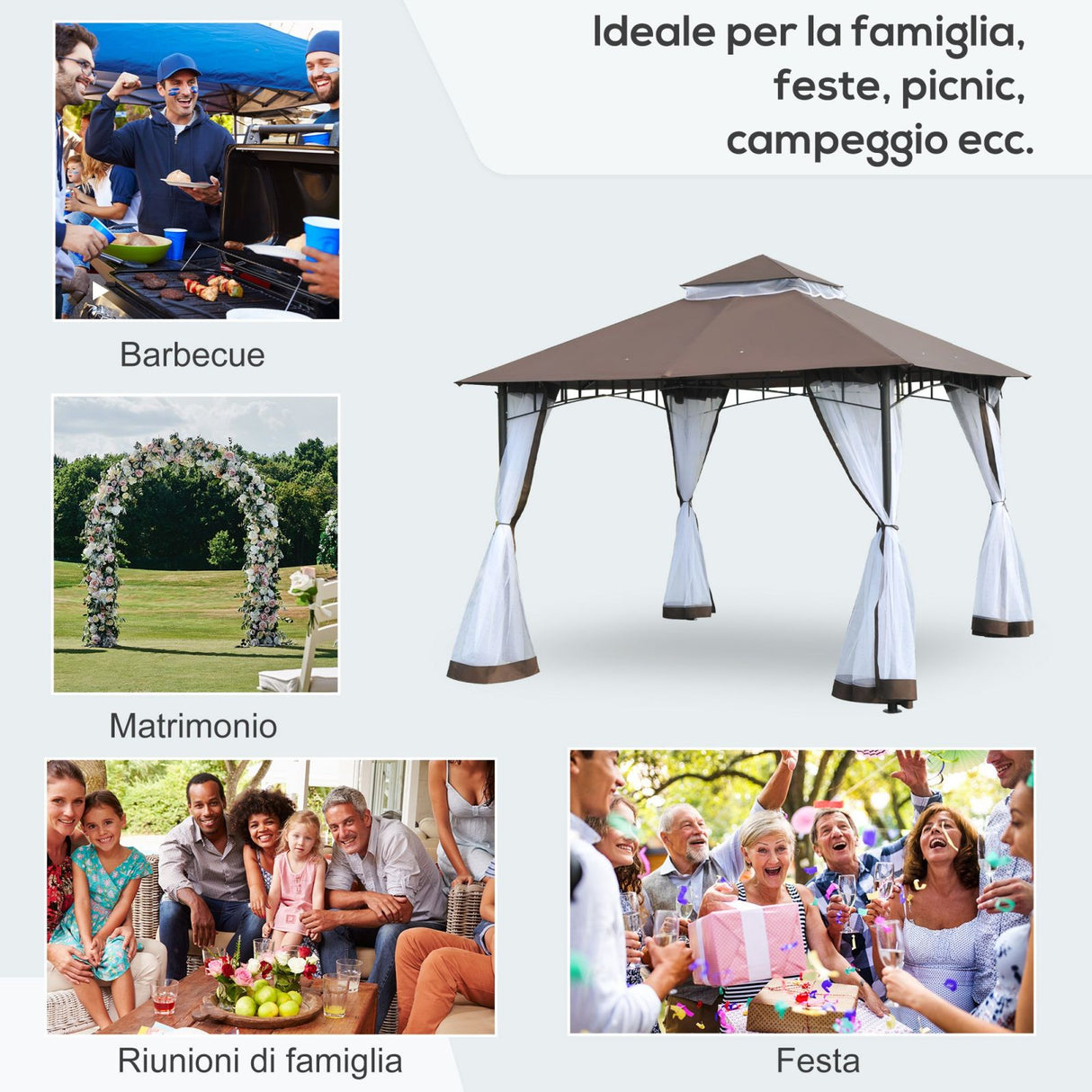 easycomfort easycomfort gazebo da giardino 3x3m con zanzariera tetto a 2 livelli in poliestere struttura in metallo marrone