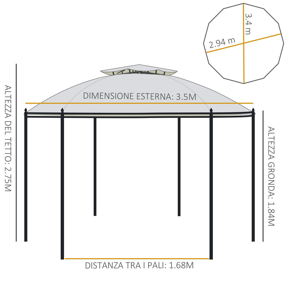 easycomfort gazebo da giardino rotondo con doppio tettuccio cinghie e tende o3.5x2.8m bianco